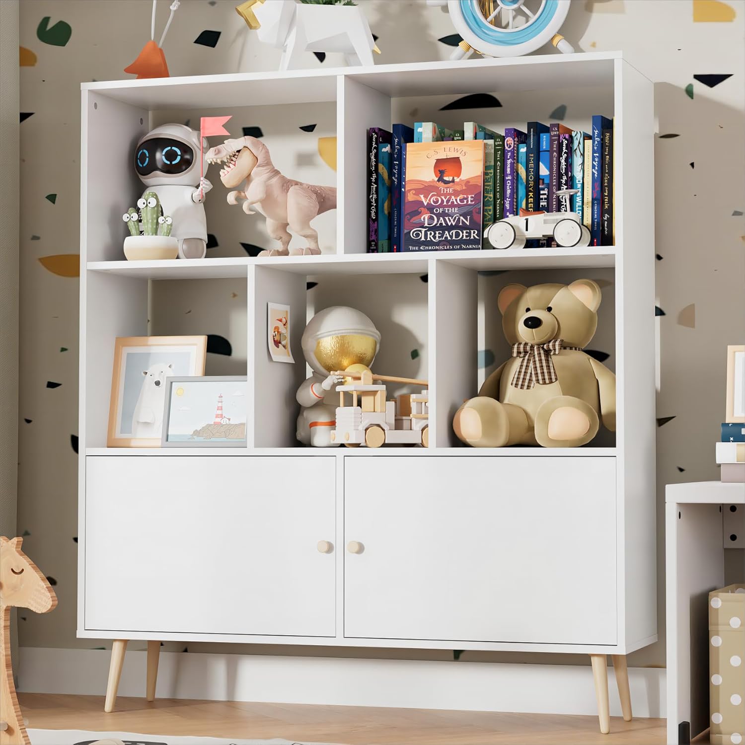 Cozy Castle White Cube Bookshelf with Doors, 3 Tier Mid