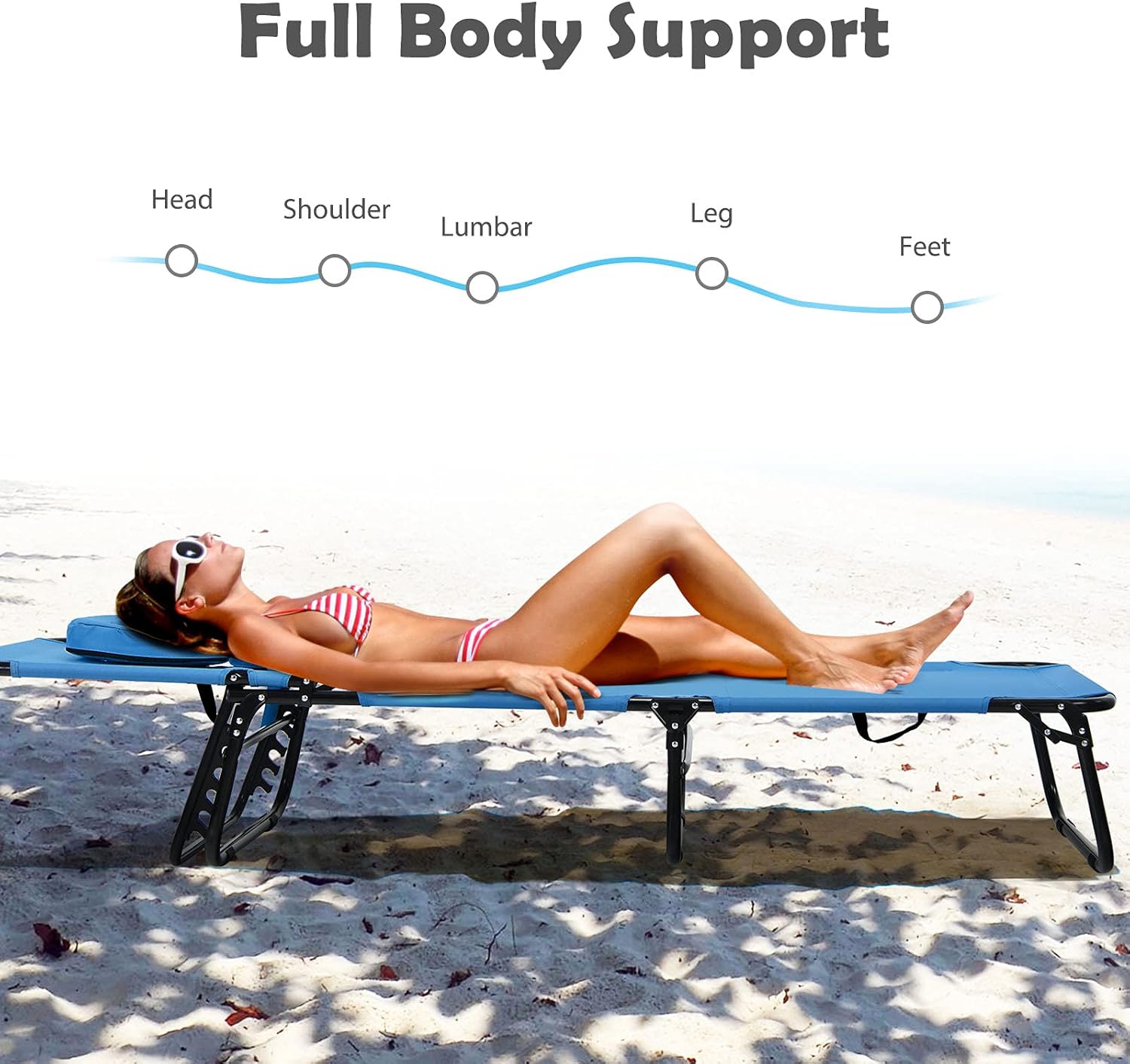 Folding Beach Lounge Chair w/ 5 Adjutable Backrest & Padded Pillow, Sunbathing Lounger Chair, Sun Tanning Lay Flat Chair for Seaside Pool Deck, Max Load 330 LBS, No Assembly Required (Blue)