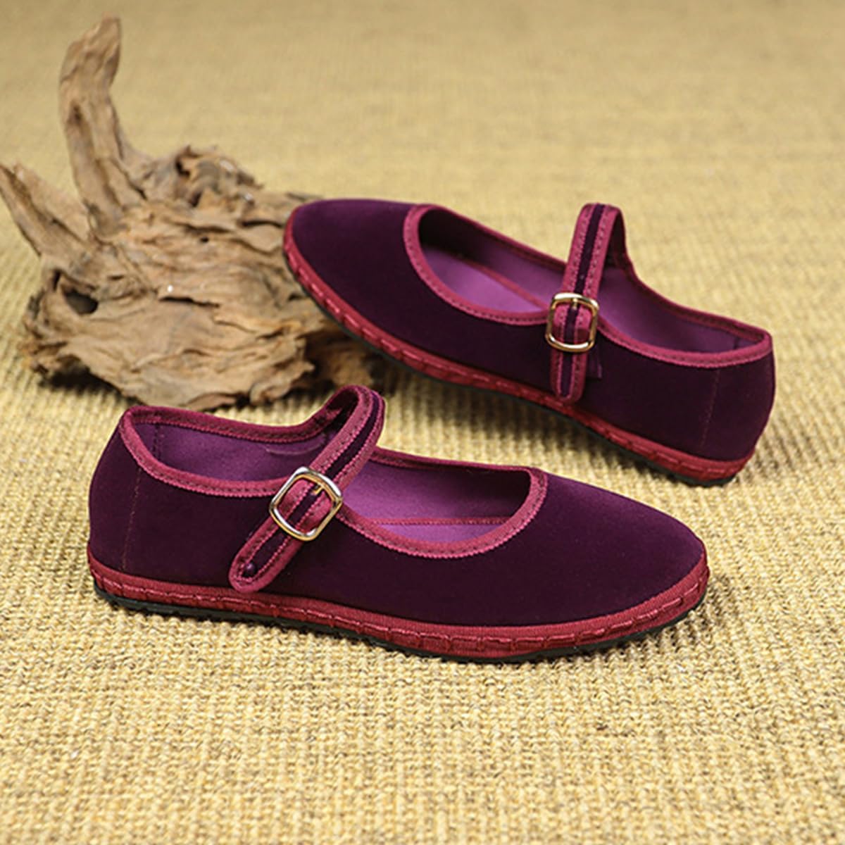 Velvet Mary Janes Shoes for Women Red Ballet Flats with Strap HandStitch Womens Cloth Comfort Shoes Dressy Casual