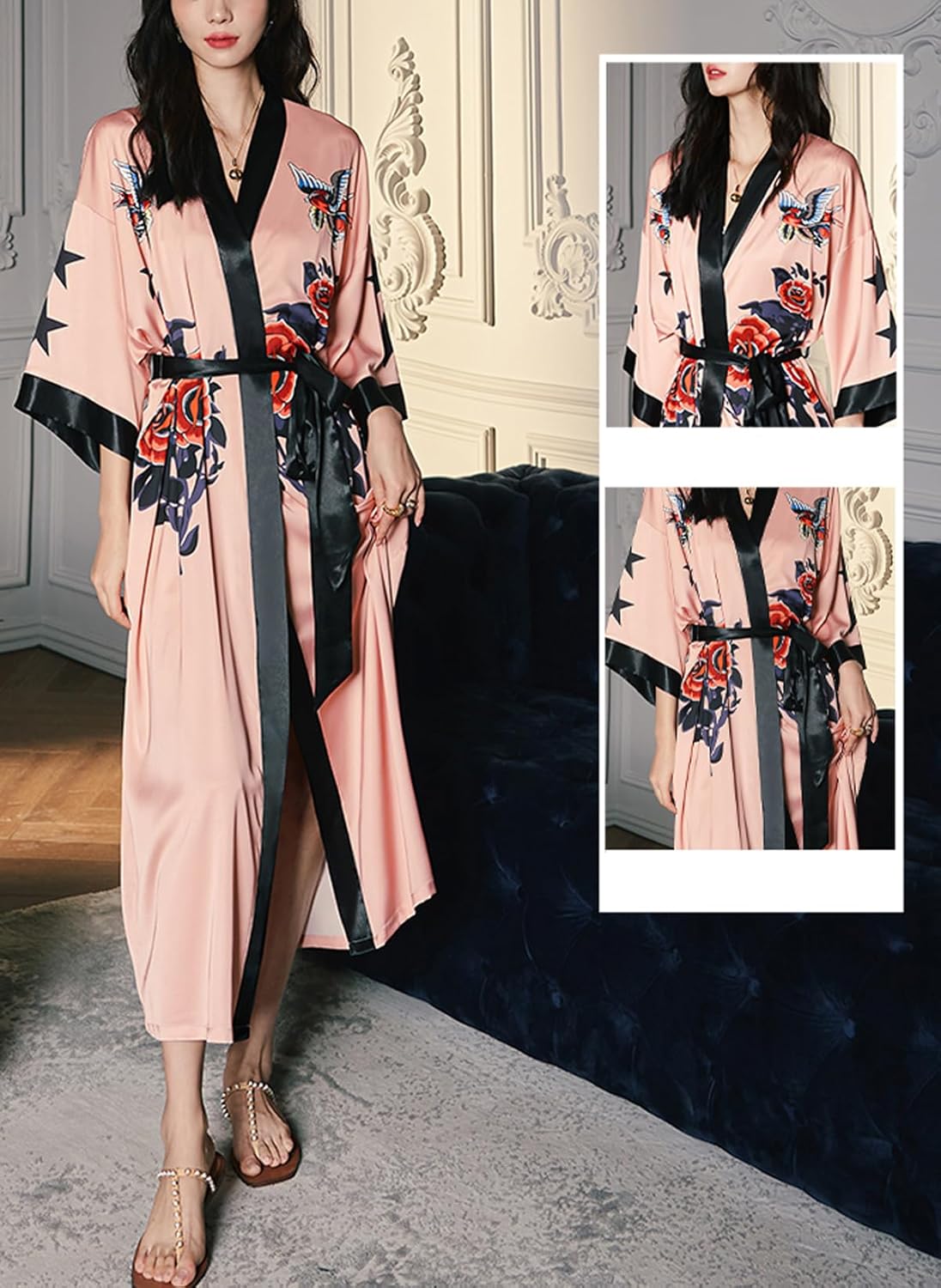 Silk Satin Robe for Women Long Japanese Kimono Robe Lightweight Soft Bathrobe Floral Luxury Dressing Gown