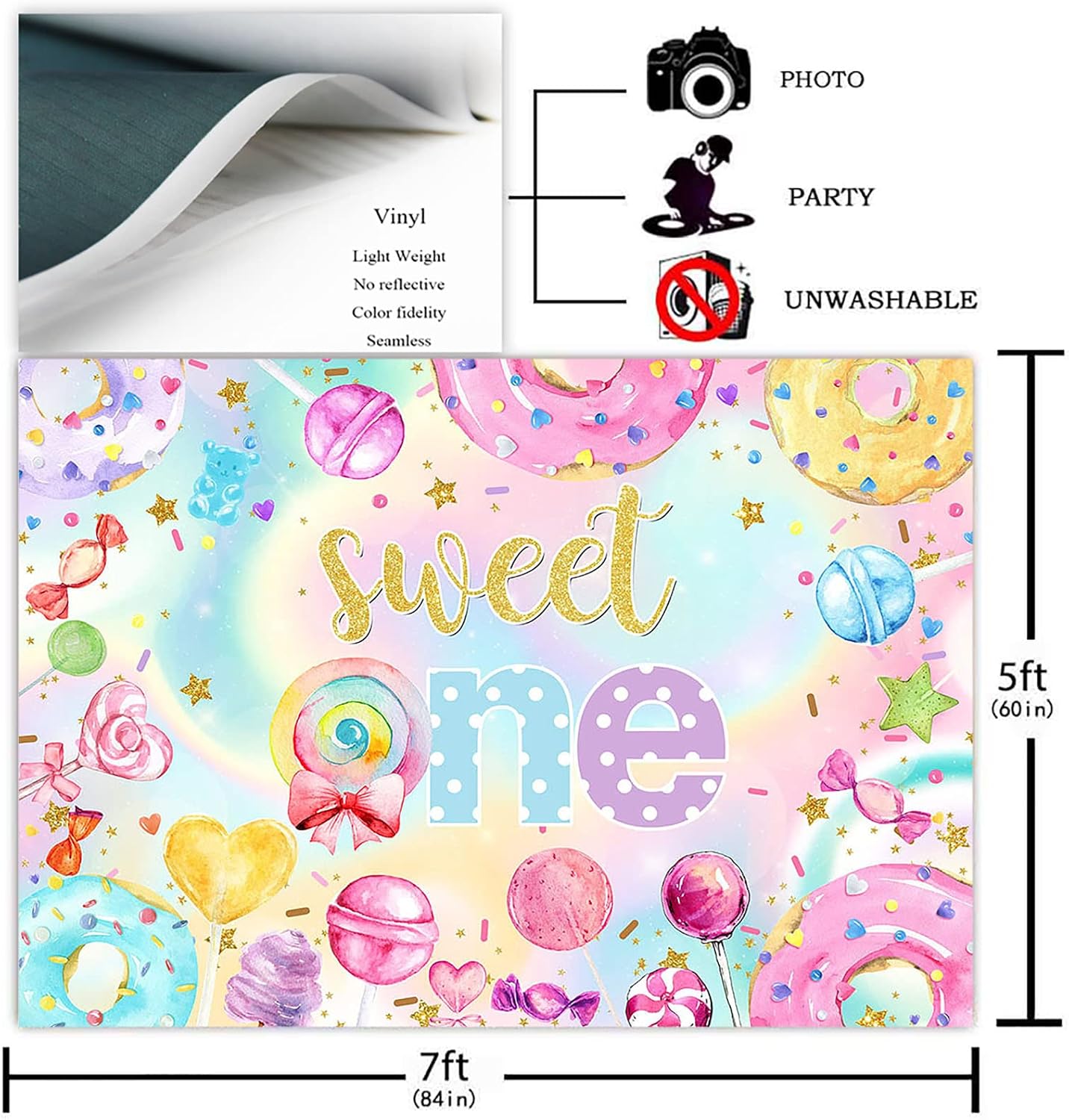 Avezano Donut Sweet One Backdrop Sweet Candy 1st Birthday Party Decoration Photoshoot Backdrops Blue Pink Gold Girl Happy First Birthday Donut Grow Up Party Banner Photography Background (7x5ft)