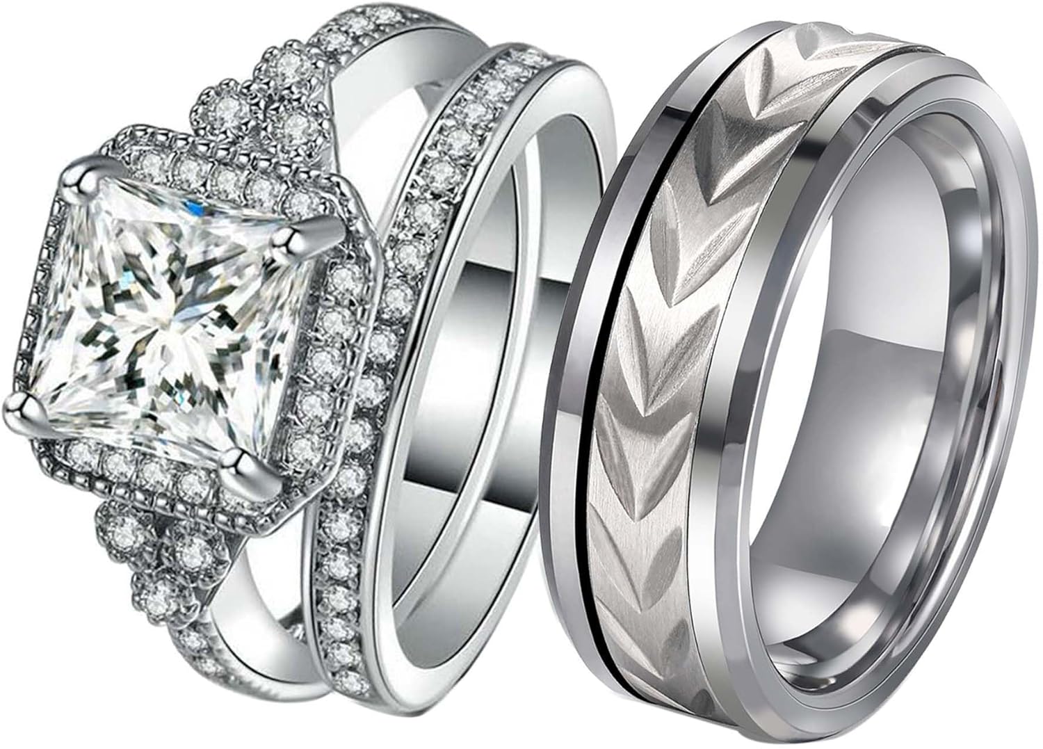 Couple Rings White Gold Plated 925 Sterling Silver Ring Square 1CT AAAAA CZ Women Wedding Ring Sets Men Titanium Steel Ring