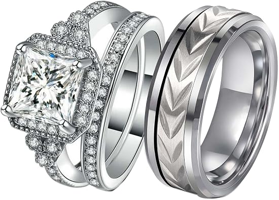 Couple Rings White Gold Plated 925 Sterling Silver Ring Square 1CT AAAAA CZ Women Wedding Ring Sets Men Titanium Steel Ring