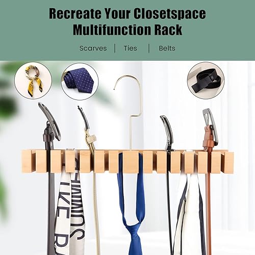 Miniatura 4 de Percha de cinturón para armario HangerSpace 2 en 1 soporte de pared de madera con cinta para organizar 14 cinturones con gancho giratorio de 360,