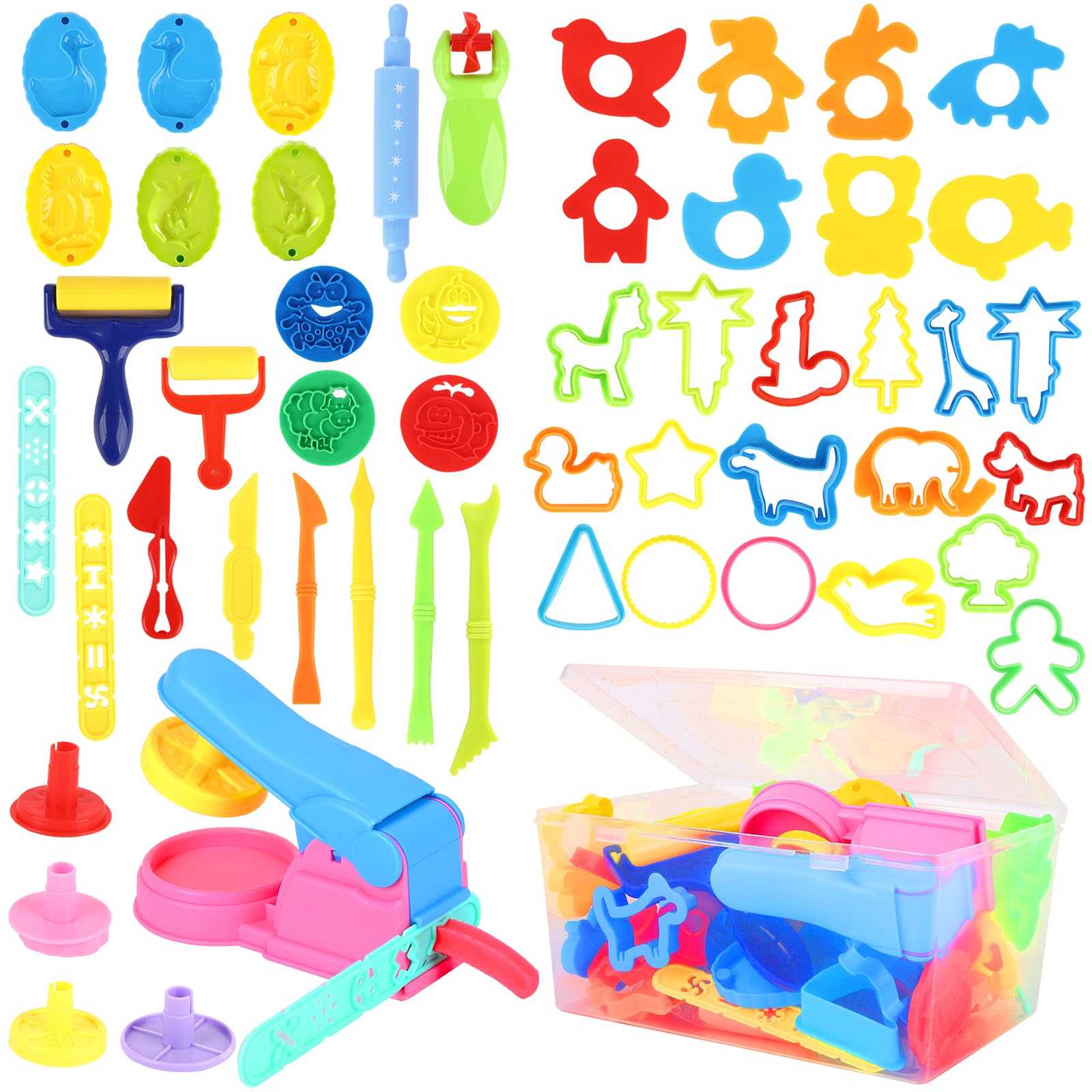 Hanmulee Dough Tools, 53 Pcs Dough Tools Kit For Kids, Cutters Sets, Clay Plastic Accessories Rollers Extruders Kit Plasticine Creation Educational Toy Gift, Multicolored