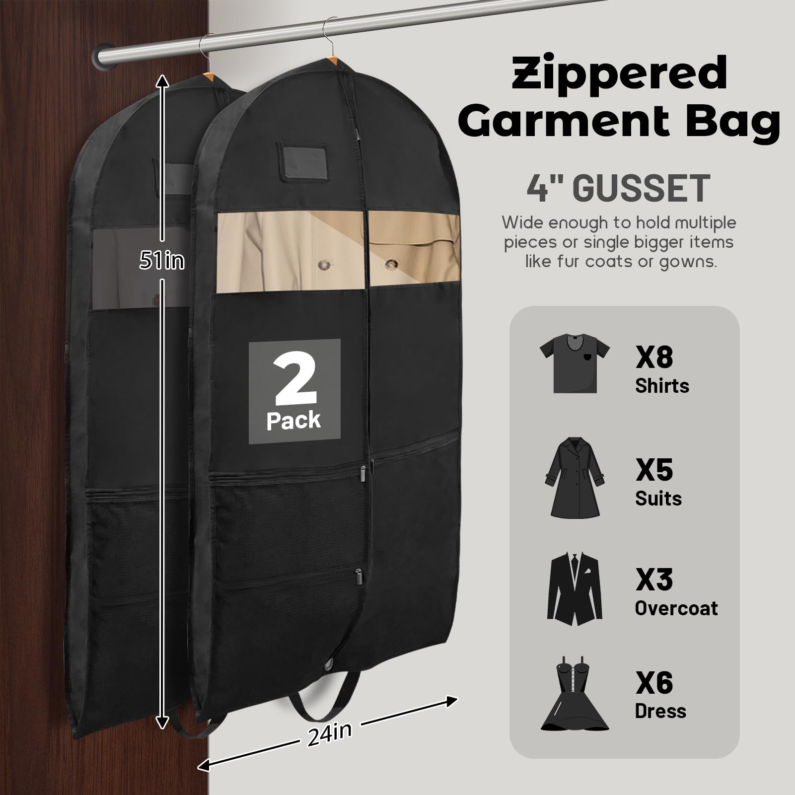 2 Pack Garment Bags Suit Bag for Hanging Clothes, 51 inches Long Guesseted Travel Garment Bag, Suit Cover Protector with 4 Pockets and 2 Handle Straps for Suits, Dresses, Uniforms, Costumes, Gowns