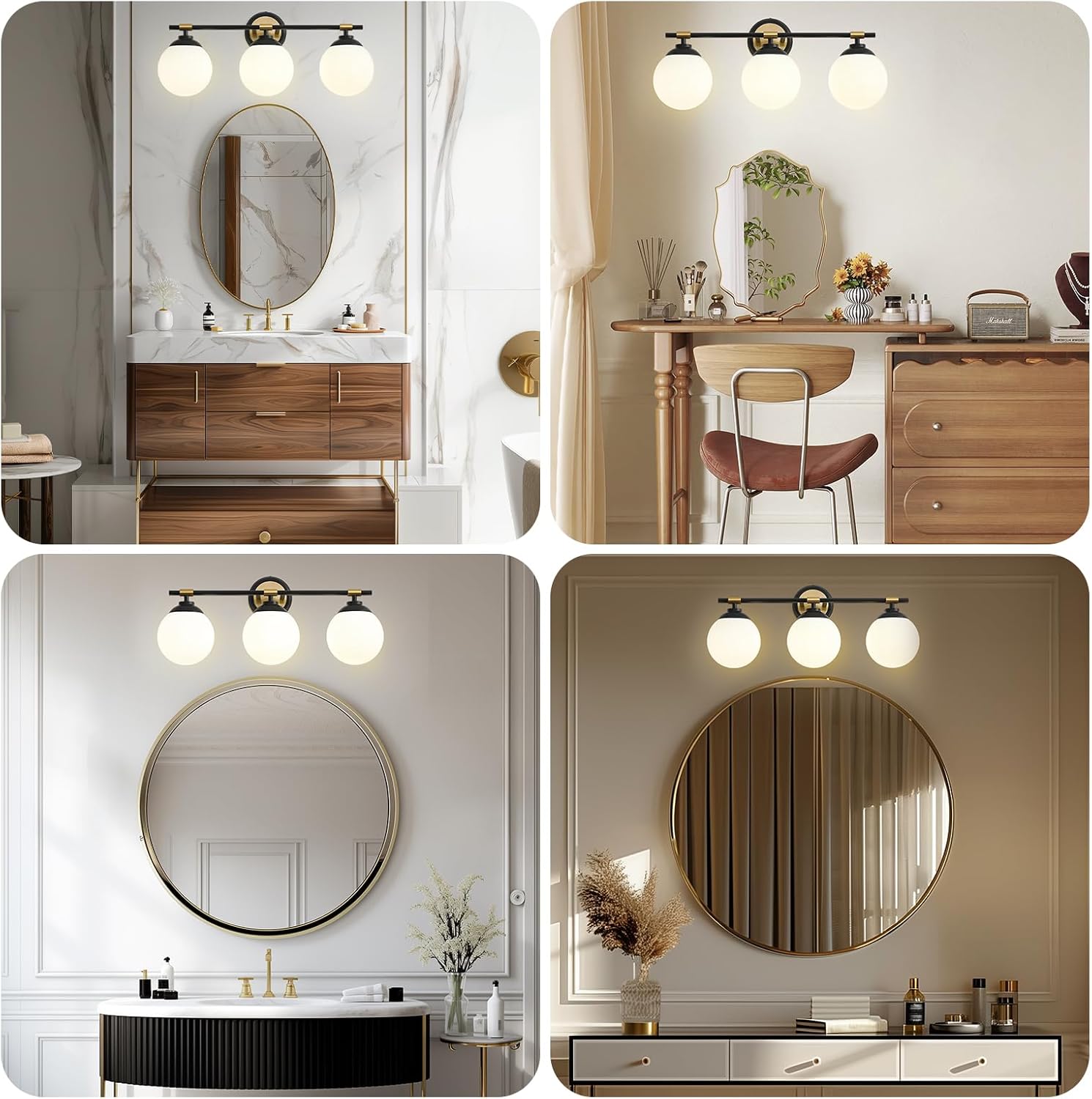 Rayogale Bathroom Light Fixtures, ETL 3 Lights Black Gold Vanity Lights Over Mirror with Milk Glass Soft Lighting Bathroom Wall Sconces for Living Room Bedroom (Exclude E26 Bulb)