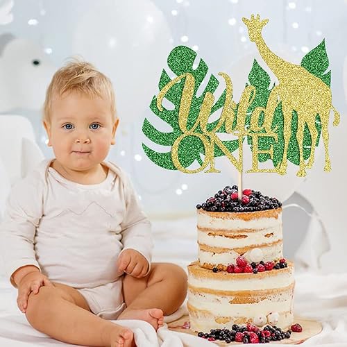 Miniatura 4 de Qertesl Wild One - Decoración para tarta de cumpleaños, decoración de revelación de género de animales de selva, decoración tropical hawaiana para