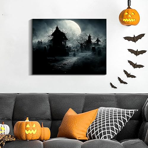 Miniatura 100 de Denozer Lienzo decorativo para pared de Halloween, castillo de terror de 32 x 24 pulgadas, decoración de pared de luna, decoración de otoño de Obra