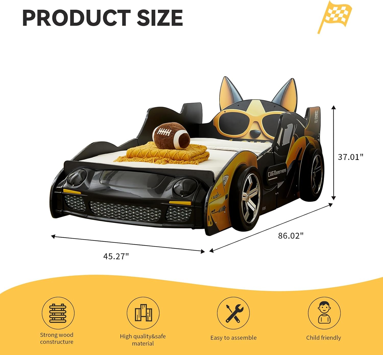 HMFULE Twin Bed Frames for Kids, Wood Cartoon Dog Race Car -Shaped Bed Frame Platform with Wheels LED Lights & Slat Support for Toddler, Teens, Boys or Girls, No Box Spring Needed (Black Yellow)