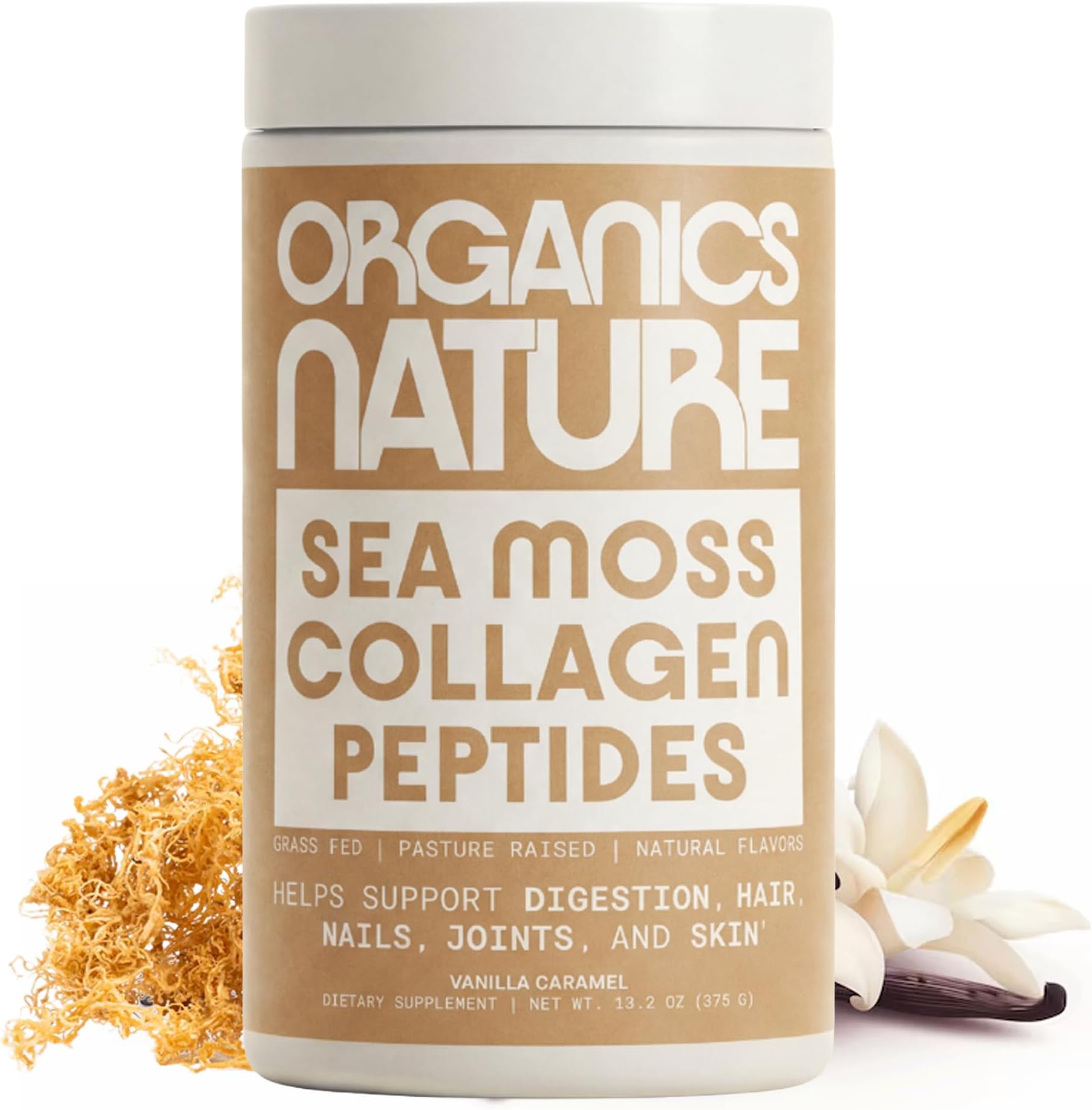 ORGANICS NATURE Collagen Peptides Powder with Irish Sea Moss Vanilla Caramel Flavored | Naturally Sourced Hydrolyzed Collagen w/Biotin for Hair, Skin, Nail, and Joint Support 30 Servings 380 gr