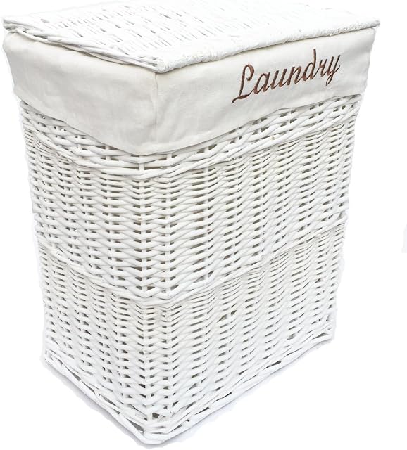 topfurnishing White Wicker Rectangle Laundry Basket Bin Bathroom Bedroom Storage[Medium 40x29x48 cm,white with white cloth]