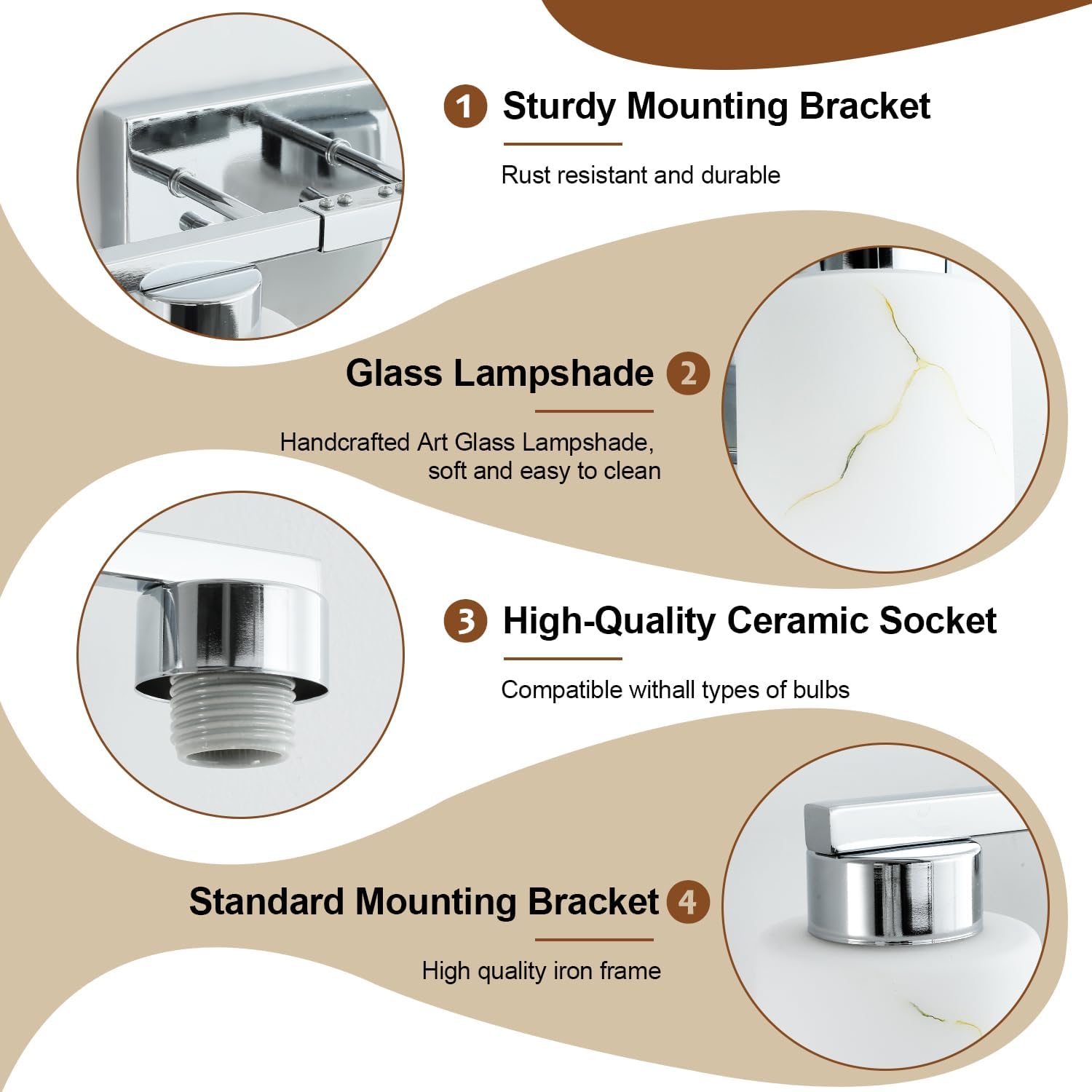 5-Light Bathroom Light Fixtures, Modern Vanity Lights, Chrome Metal Wall Lamp with White Marble Glass for Bathroom, Mirror, Living Room, Bedroom, Cabinet, Porch, Hallway, E26 Base