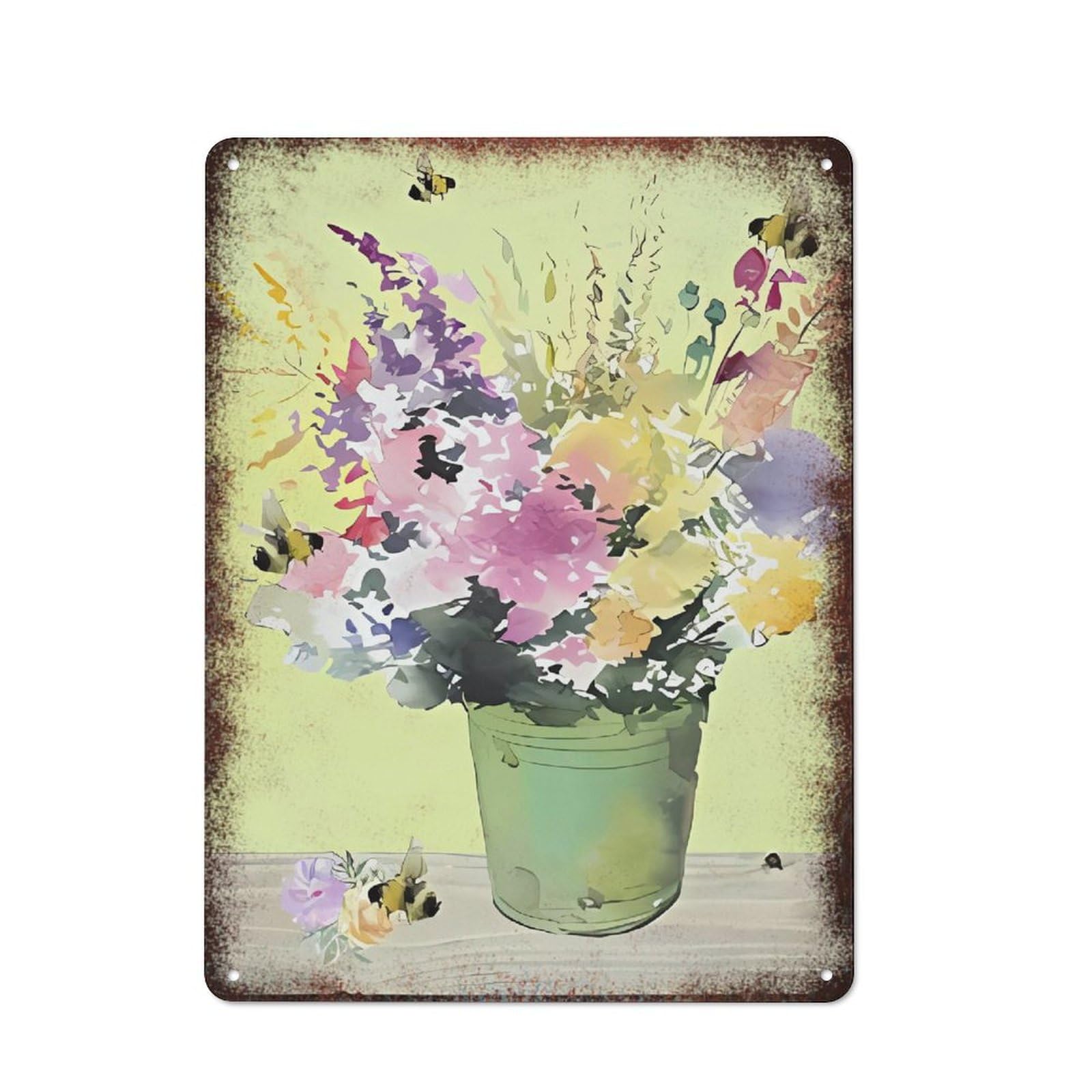 Bee Flower Watercolor Floral Metal Tin Sign Cottage Garden Style Household Art Wall Decor 8x12 Inch