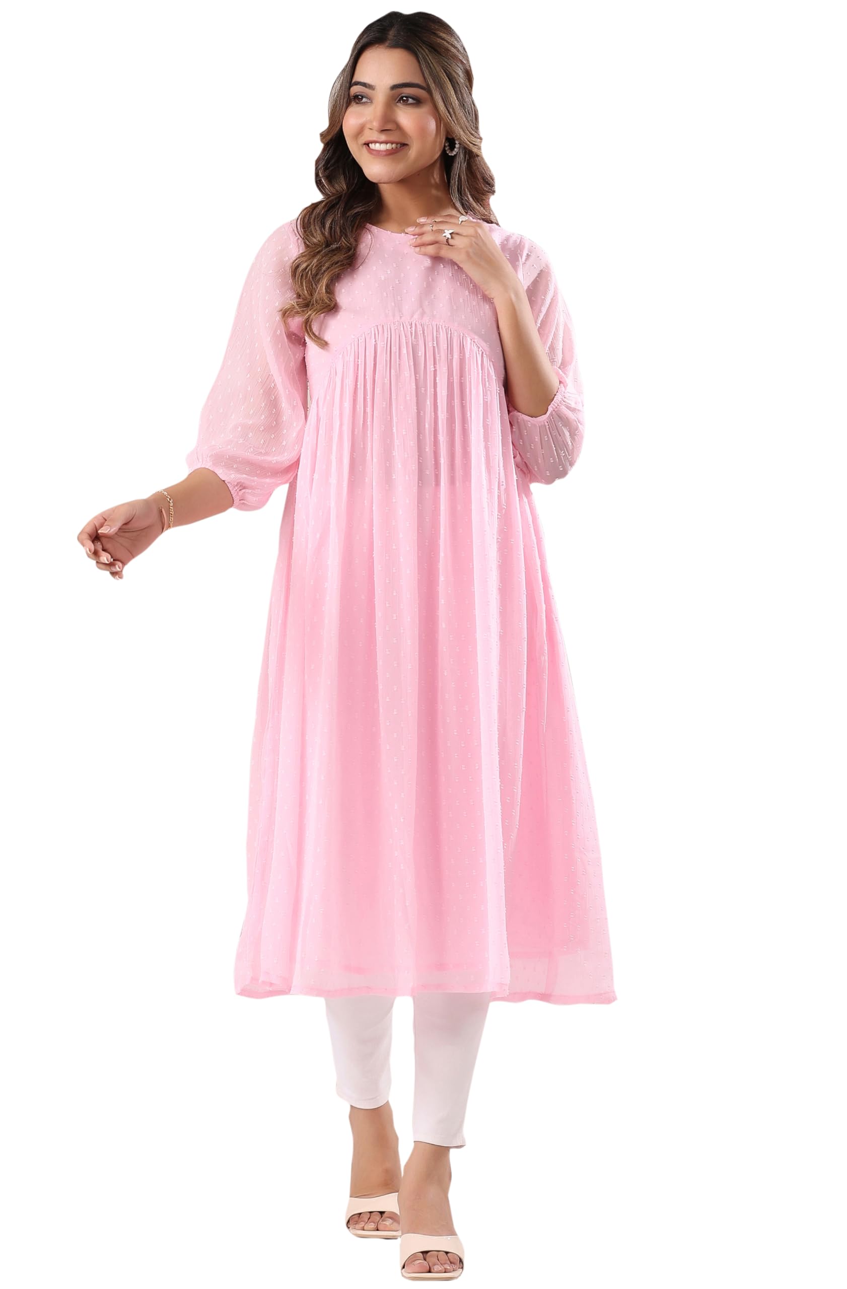 Janasya Women's Baby Pink Dobby Chiffon Self Design A-Line Kurta