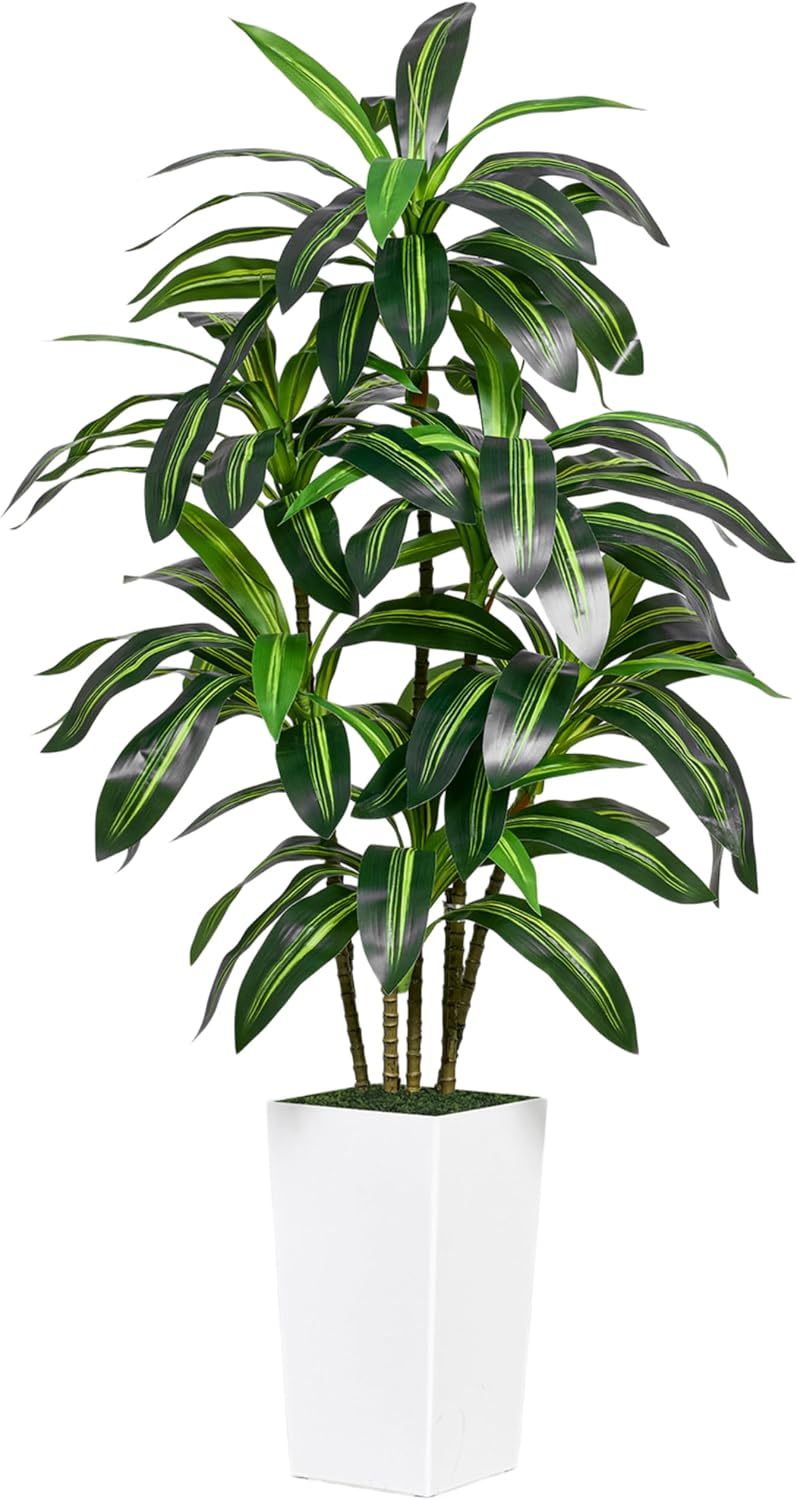 6FT Artificial Dracaena Tree with 15.7-inch White Planter, Fake Tree with Lifelike Leaves Indoor for Home Decor Office Living Room