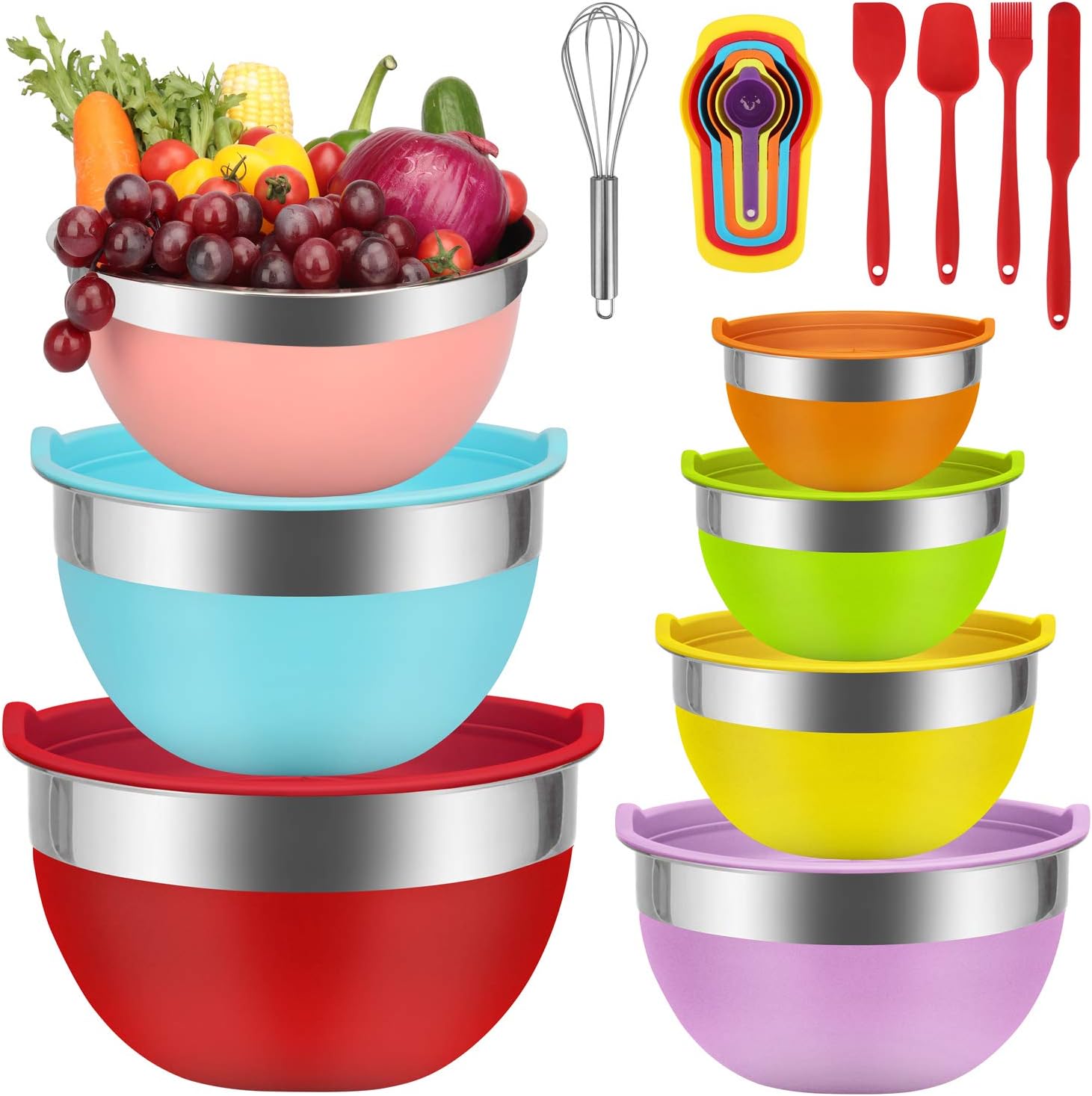 BABYLTRL Mixing Bowls Mixing Bowls Set, 18pcs Kitchen Tools Stainless Steel Nesting Bowls with Lids, Size 7, 6, 5, 4, 3, 2, 1.5 QT, 7 Colors Kitchen Bowls for Mixing, Serving & Prepping