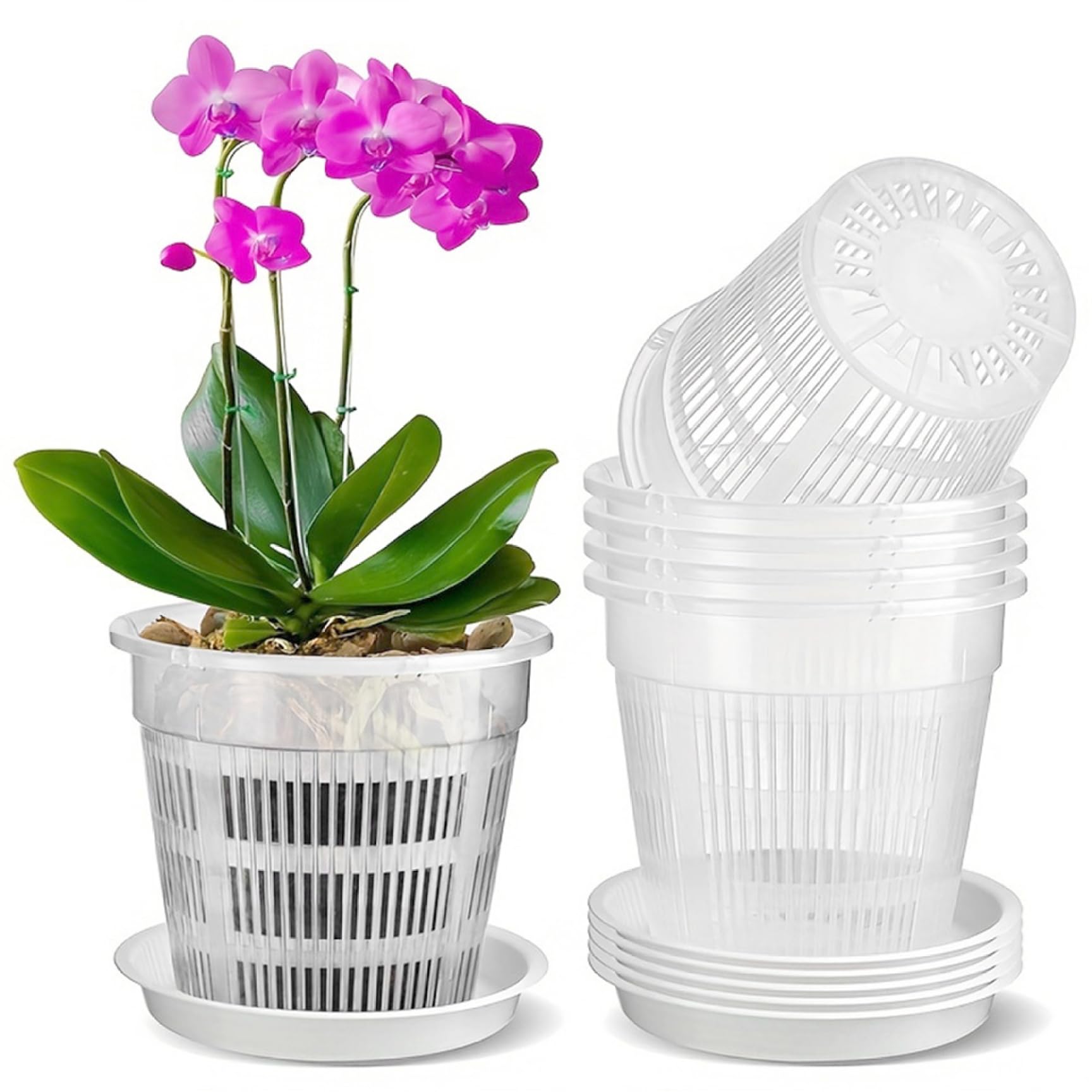 Ameble Orchid Pots With Holes, 5 Pack Clear Plant Pots With Drainage and Tray, Transparent Plastic 5 Inch Plant Pot Orchid with Holes, Clear with Drainage, Nursery, Po