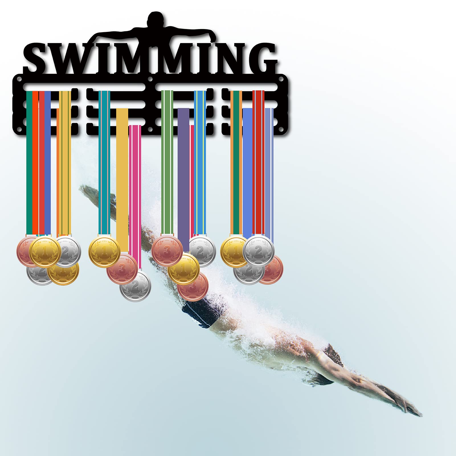 CREATCABIN Medaglia Nuoto Porta Medaglia Appendiabiti Espositore Sport Metallo Appeso Premi Ferro Piccolo Supporto Decor Premi per Parete Casa Distintivo Gara Corsa Ginnastica Nuoto Nero 29x13cm