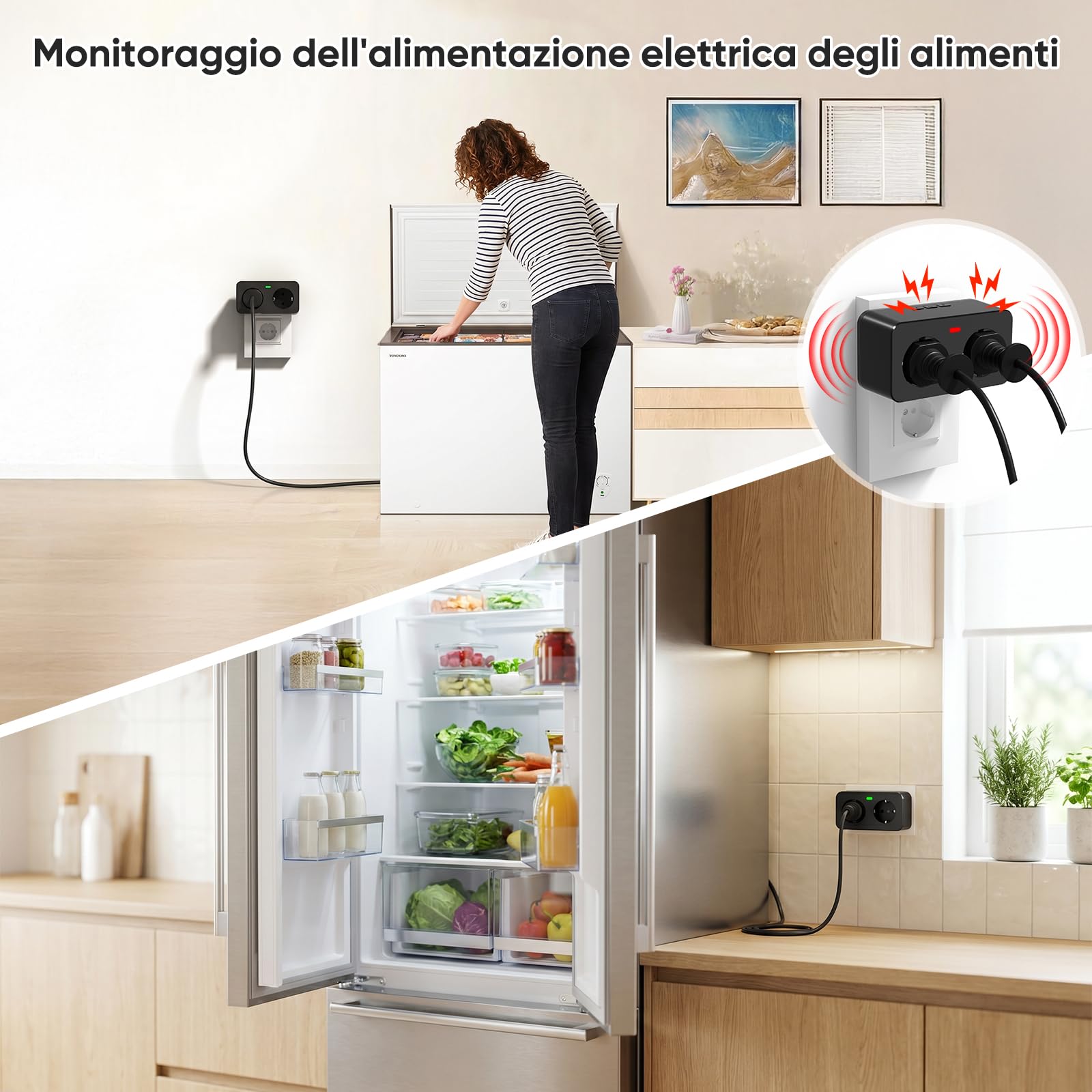 Rilevatore Interruzione Corrente WiFi con App Tuya&Smart Life, Allarme Mancanza Alimentazione 110dB con Silenziamento Remoto, 3 Suonerie / 3 Volume, Avviso Mancanza Corrente per Frigorifero