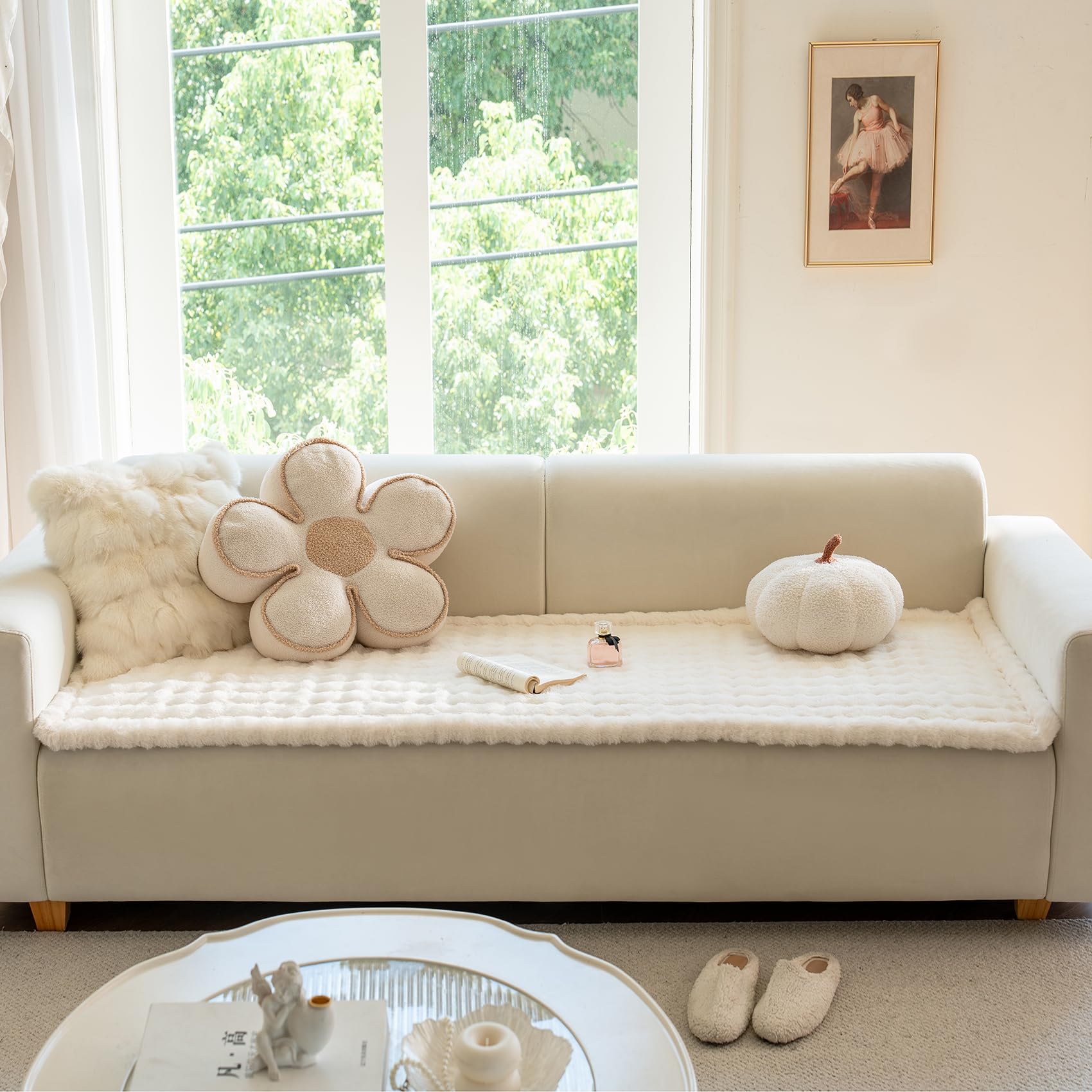 Sofa Überzug Waschbar, Kunstkaninchenfell Sofabezug – Universal Couch Überzug 2/3/4 Sitzer, Anti-Rutsch, wasserdichte Zwischenschicht, Sofaüberwurf Möbelschoner (Weiß, 70×150 cm)