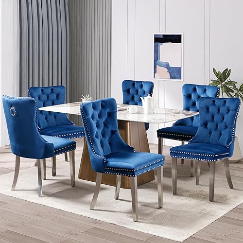 Miniatura 119 de Juego de 6 sillas de comedor de terciopelo, sillas de comedor tapizadas acolchadas con ribete de tachuelas y patas de madera maciza para cocina,