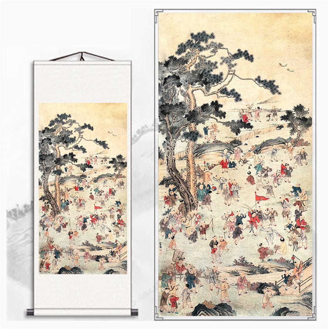 Zzooi A Hundred Playing Children(百子图) Silk Scroll Painting - Meaning Bless You Have Many Children and Grandchildren