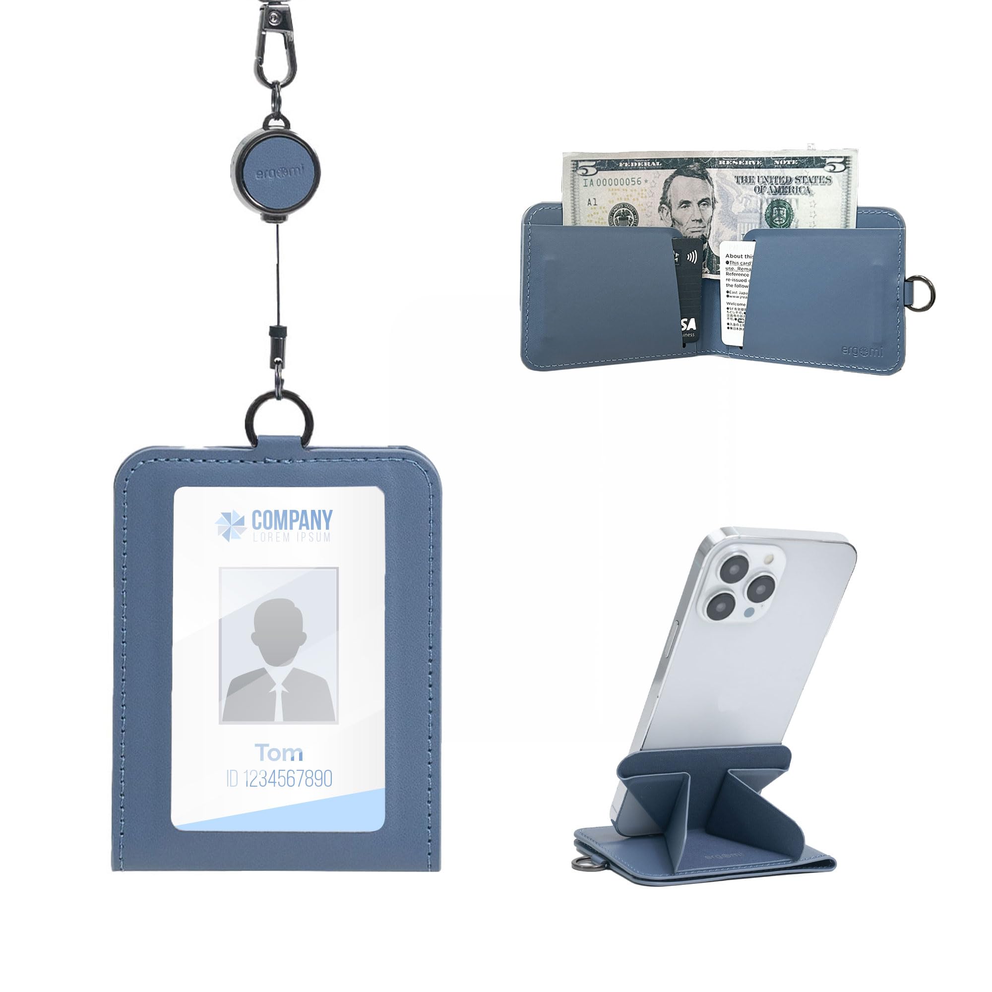 ergomi Retractable Badge Holder with 12-inch Lanyard, ID Card Holder Wallet with Phone Stand