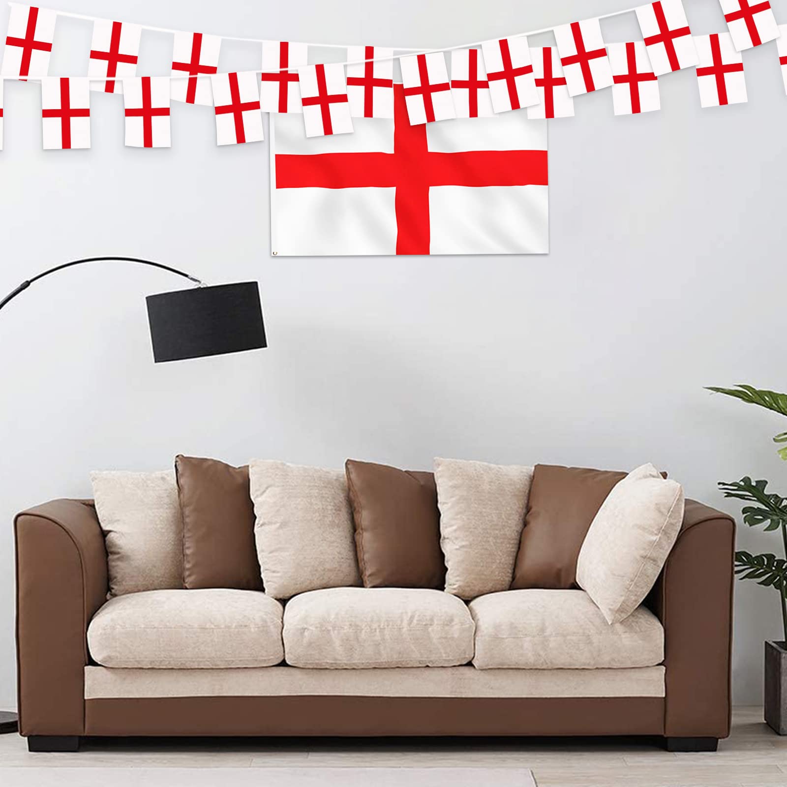 AhfuLife Set di bandierine dell'Inghilterra di San Giorgio per decorazioni europee 2024, bandierine dell'Inghilterra da 12 m, 12 piccole bandiere portatili e bandiera dell'Inghilterra 1,5 x 0,9 m per