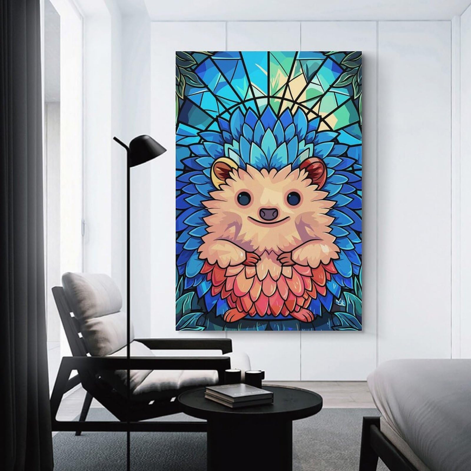 Junmoney Cute Hedgehog Stained Glass Art Canvas Wall Decor, 20x30inch(50x75cm), for Gallery Wall Decor And Room Displays, Wall Decor Suited to Curated Displays
