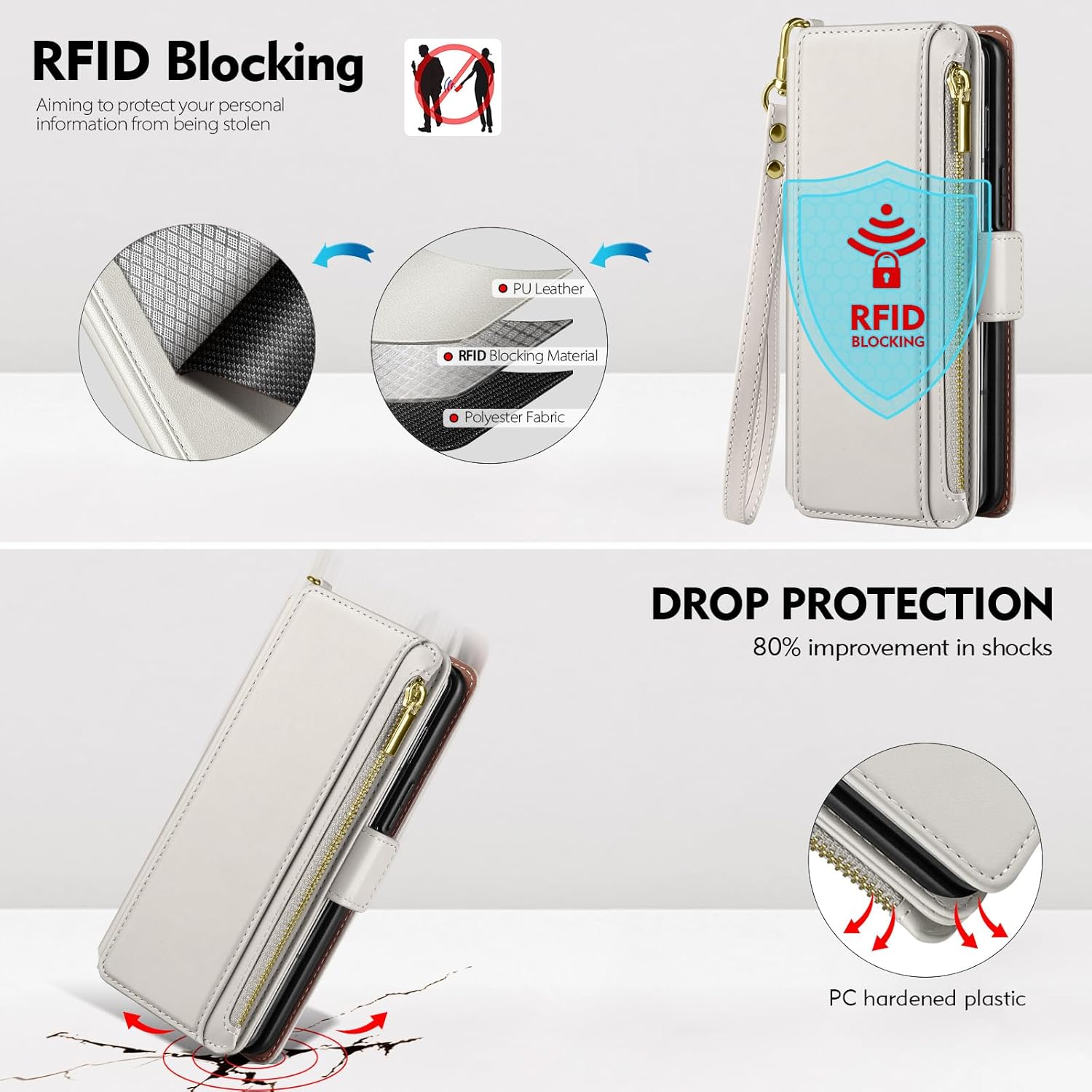 Antsturdy Compatible with Samsung Galaxy Z Fold 3 Case Wallet Women with【S Pen Holder】 Phone Case with Card Holder Strap PU Leather RFID Blocking Flip Protective Cover Credit Slots Men,Beige