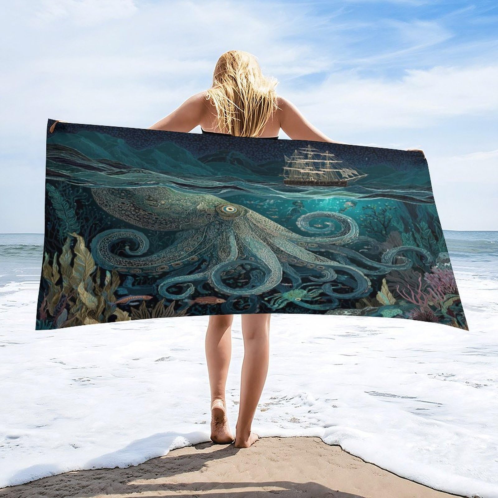 Luyysky Vintage Abstract Sea Octopus Quick-Drying Beach Towel, Rustic Watercolor Underwater Animal Octopus Fish Pirate Ship Travel Vacation Single Sided Pile Bathroom Towels-80 W Cm X 160" L Cm
