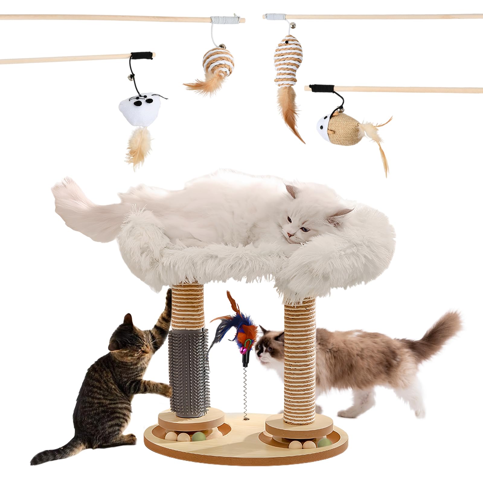 Giocattolo Interattivo 6-in-1 Per Gatti – Tiragraffi In Legno E Sisal Con Palla Rotante, Piume, Zona Letto – Struttura Stabile 120 Cm – Per Gatti Piccoli E Medi
