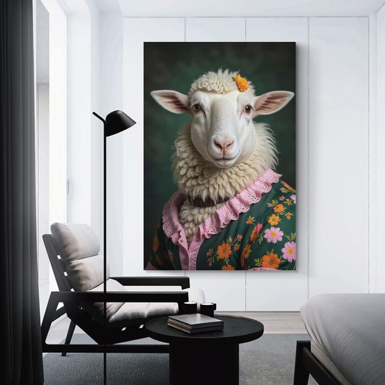 Junmoney Sheep in Floral Dress Hanging Wall Art, 24x36inch(60x90cm), for Living Room, Bedroom, Office Or Hallway, Decorative Artwork with Broad Appeal