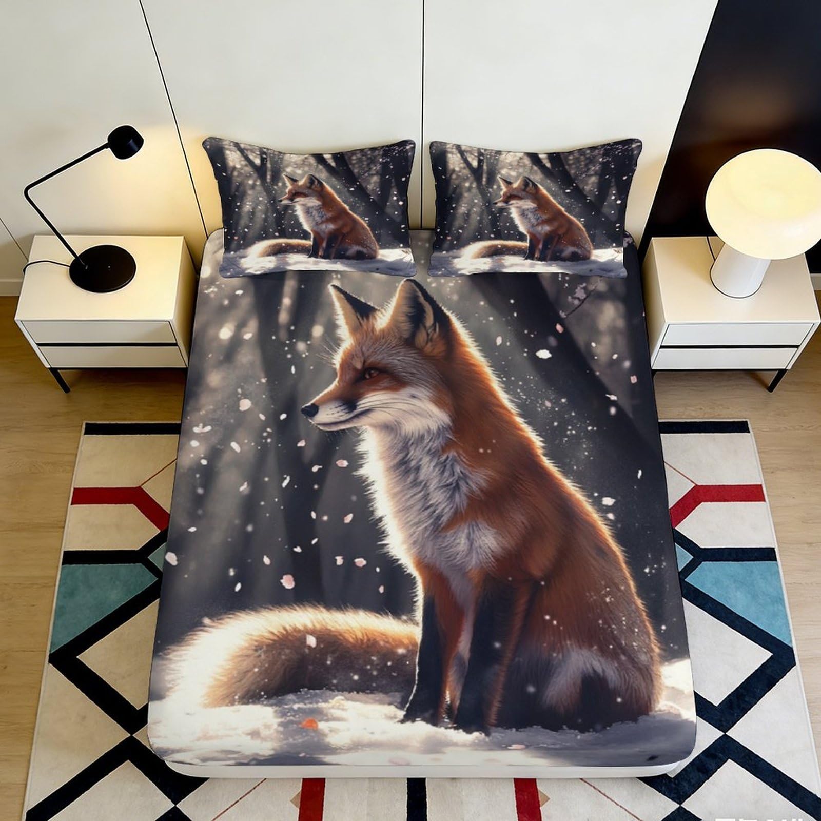 3D Printed Forest Fox Fitted Sheet Microfiber Anti-Slip Mattress Cover for Bedroom Decor Machine Washable 90x200x25cm
