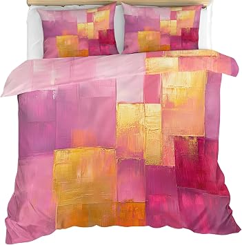 Pink Abstract Comforter Cover Twin, 3 Piece Gold Blocks Bedding Set with 2 Pillow Shams, Brush Stroke Bedspread Cover, Pastel Color Duvet Cover Set for All Seasons, Reversible Print
