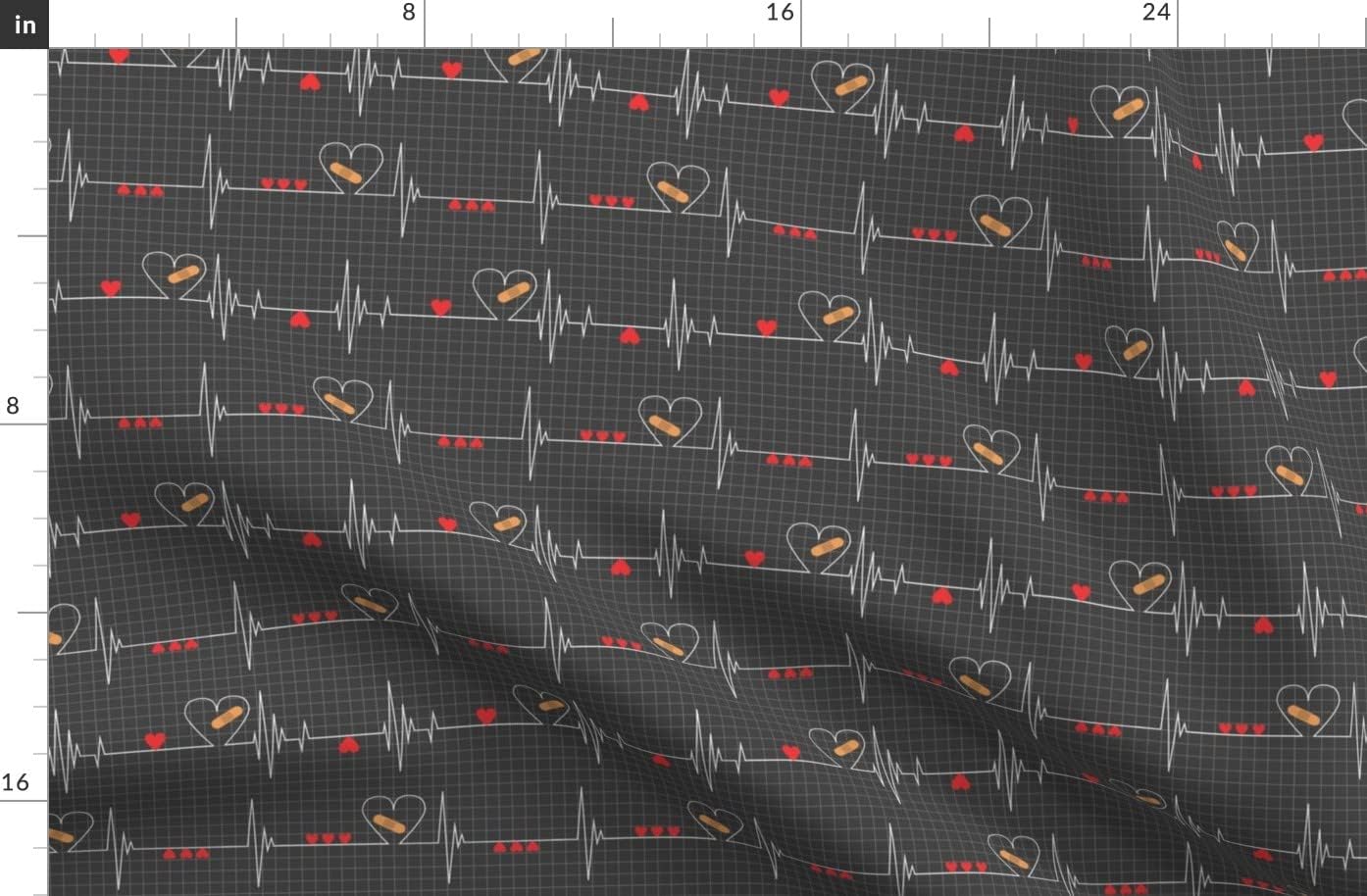 Spoonflower Fabric - Heart Health Awareness Black Heartbeat Nurse Doctor Hero Hospital Printed on Organic Cotton Sateen Fabric by The Yard - Sewing Quilting Apparel Home Decor