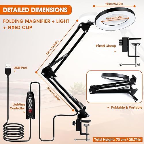 Miniatura 6 de Lupa 10X con luz y abrazadera, manos libres, 72 LED, lupa de luz, 3 modos de color, lámpara de aumento regulable sin pasos para leer, manualidades