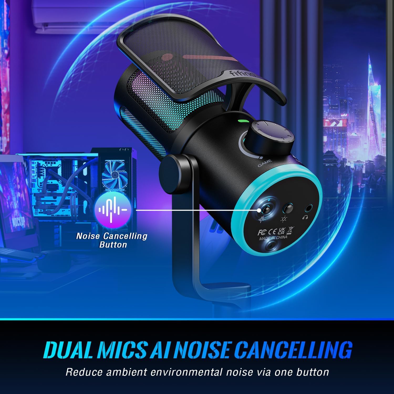 FIFINE AM6 AMPLIGAME - Microfono da gioco RGB, bilanciamento audio per giochi/chat, trasmissione USB e microfono di registrazione, microfono da scrivania per PC con cancellazione del rumore, per
