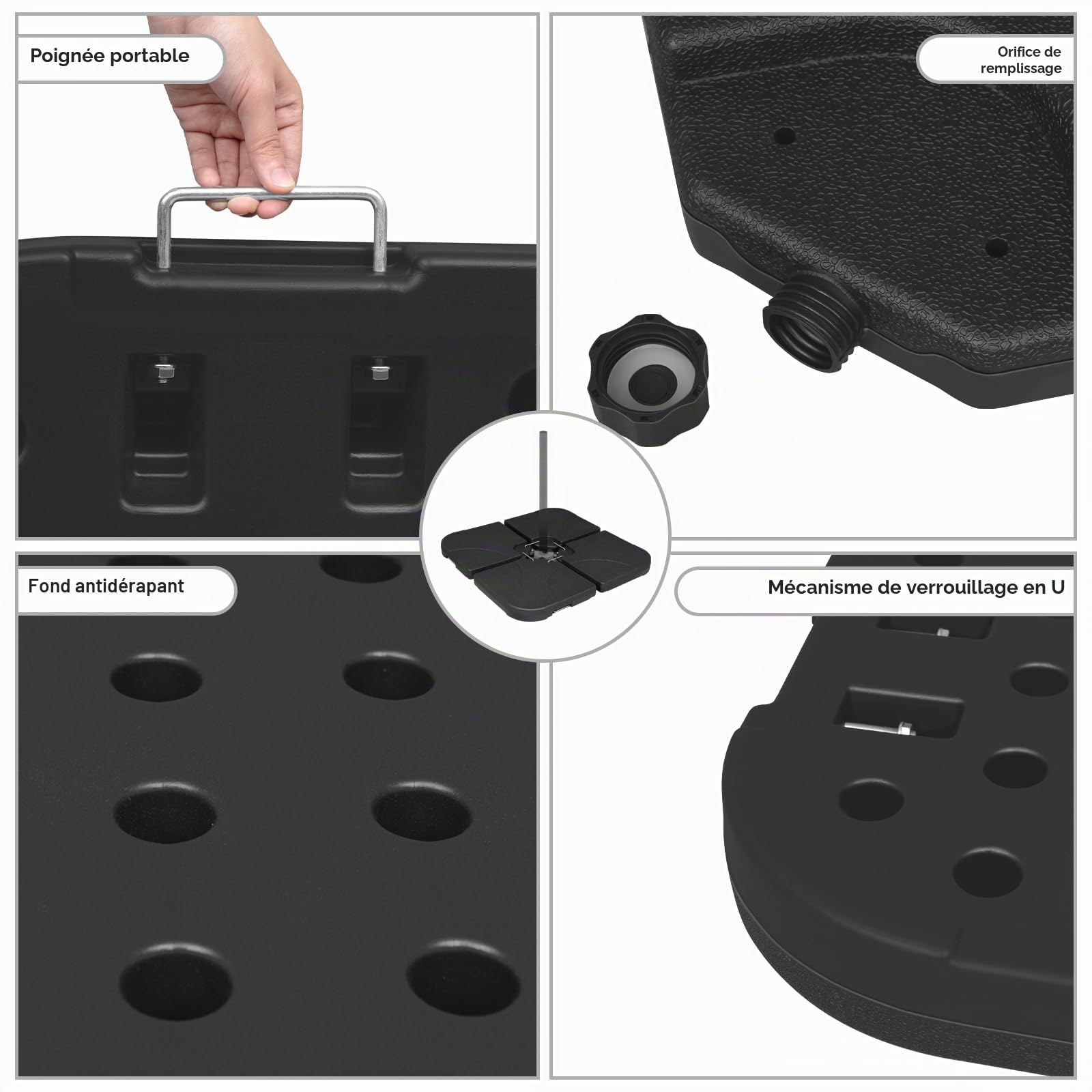 WOLTU Pied de Parasol 4 Pièces, Poids pour Parasol Croix de Sol, 60 L/80 kg, à Remplir d'eau ou de Sable, avec Connecteurs Métalliques, en Plastique, Carré, Noir
