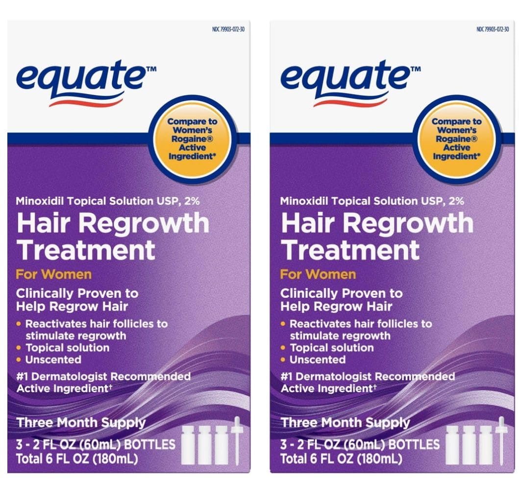 Equate Hair Regrowth Treatment for Men, Extra Strength, 3 Month Supply, 2 oz Bottles, 3 Count - Effective Thinning Hair Solution, Minoxidil 5%.