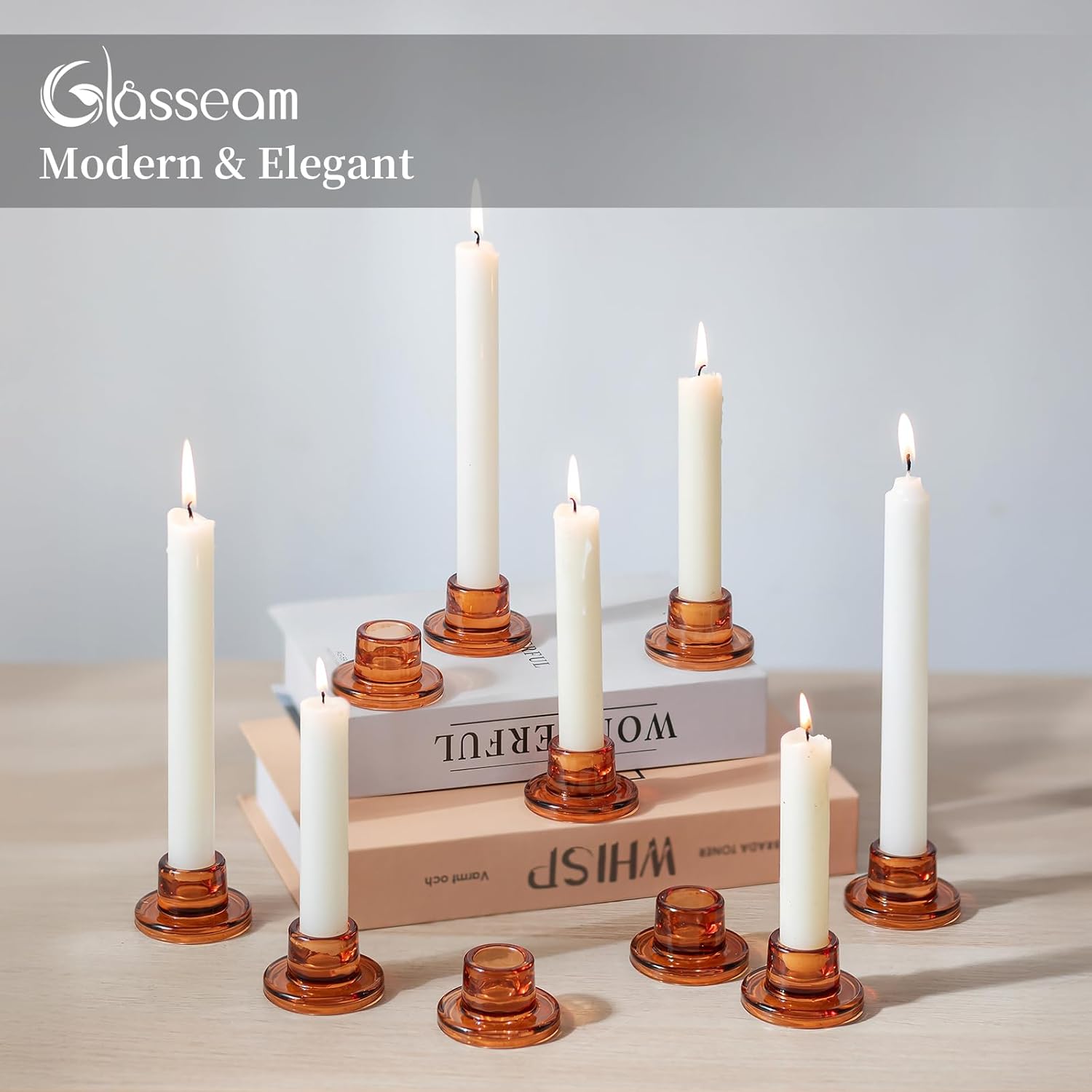 Glasseam Glass Taper Candle Holders: 10Pcs Small Tapered Candlestick Holders Bulk Short Amber Short Candle Sticks Holder Decor for Table Centerpiece Vintage Thanksgiving Christmas Fall Dinner Party - Image 6