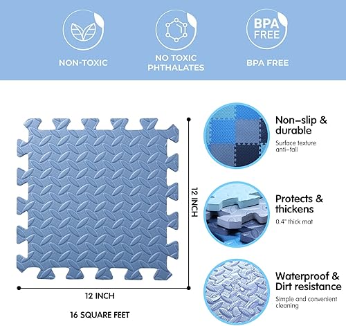 Miniatura 8 de Tamiplay Tapete de juego de espuma de 16 azulejos para bebé, suaves y seguros, tapetes de espuma EVA para el piso, tapete cuadrado para bebé, tapete