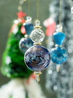 Engraved Hanging Blue & clear Glass ornament for Christmas tree Decoration | Christmas decorations for home | Blown Glass christmas tree ornaments | Xmas decorative ornaments