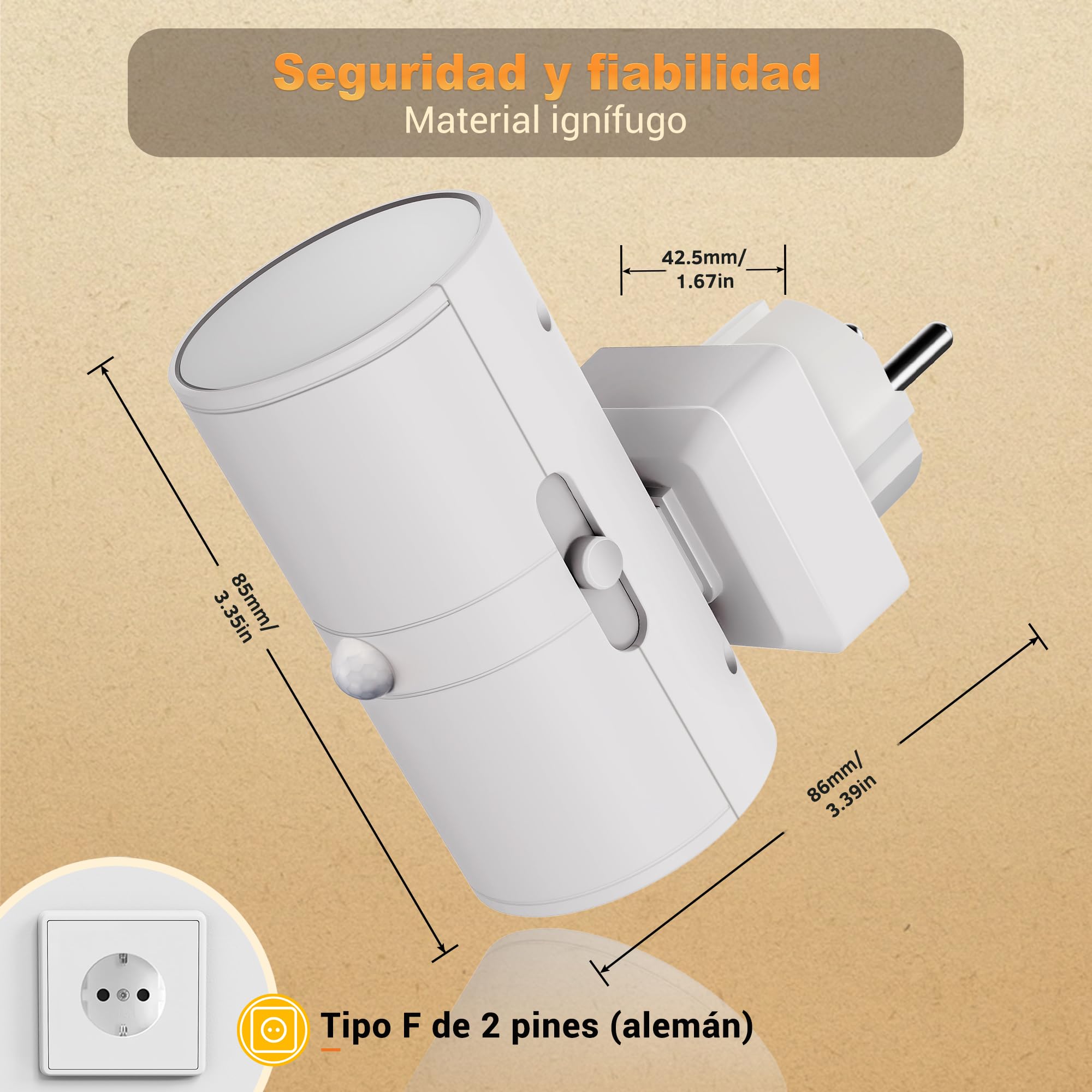 JandCase Luz Nocturna con Sensor de Movimiento, Luz Nocturna Enchufe Brillo Ajustable 0-100 lm, 3 Modos (ON/AUTO/OFF), Luce de Noche Infantil 3000K Blanco Cálido, Lampara Noche Enchufe para Pasillos