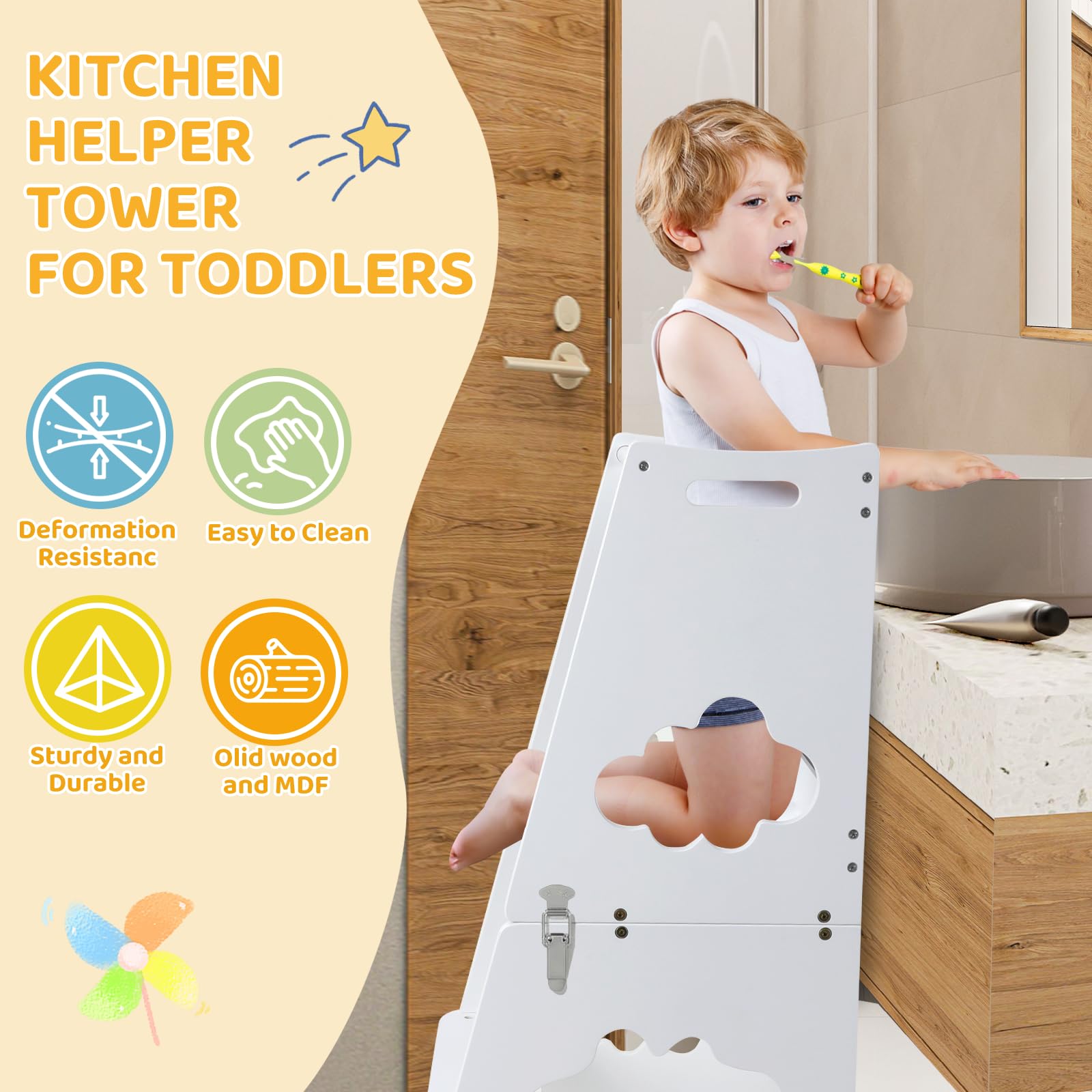 KIDINIX Lernturm ab 1 Jahr, 3 in 1 Montessori Learning Tower mit Sicherheitsgeländer und Tafel, Klappbarer Lernstuhl Kinder mit Tischfunktion für Küche, Bad, Weiß