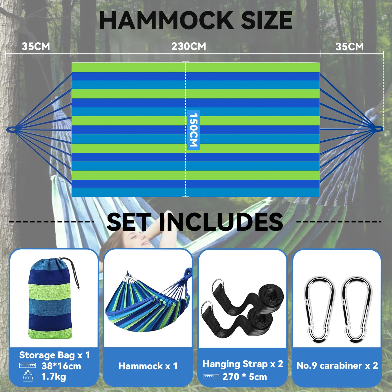 Amaca da Campeggio in Tela 300x150 cm, Capacità di Carico di 270 kg, Traspirante, Durevole Amaca Portatile con Borsa, 2 Moschettoni Premium, 2 Cintura di nylon, Per Esterno Giardino Spiaggia