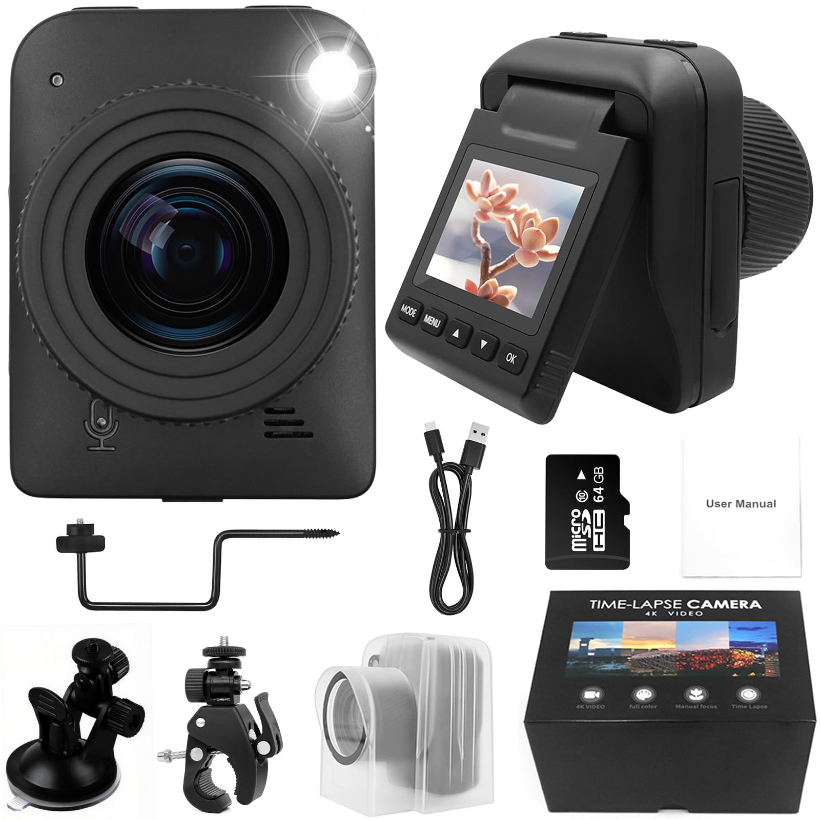 Fotocamera Time Lapse 4K, 3200 W, IP66, impermeabile, con durata della batteria di 6 mesi, scheda TF da 64 GB, schermo inclinabile da 2 pollici, registrazione macro, per lavori di costruzione, tempo e