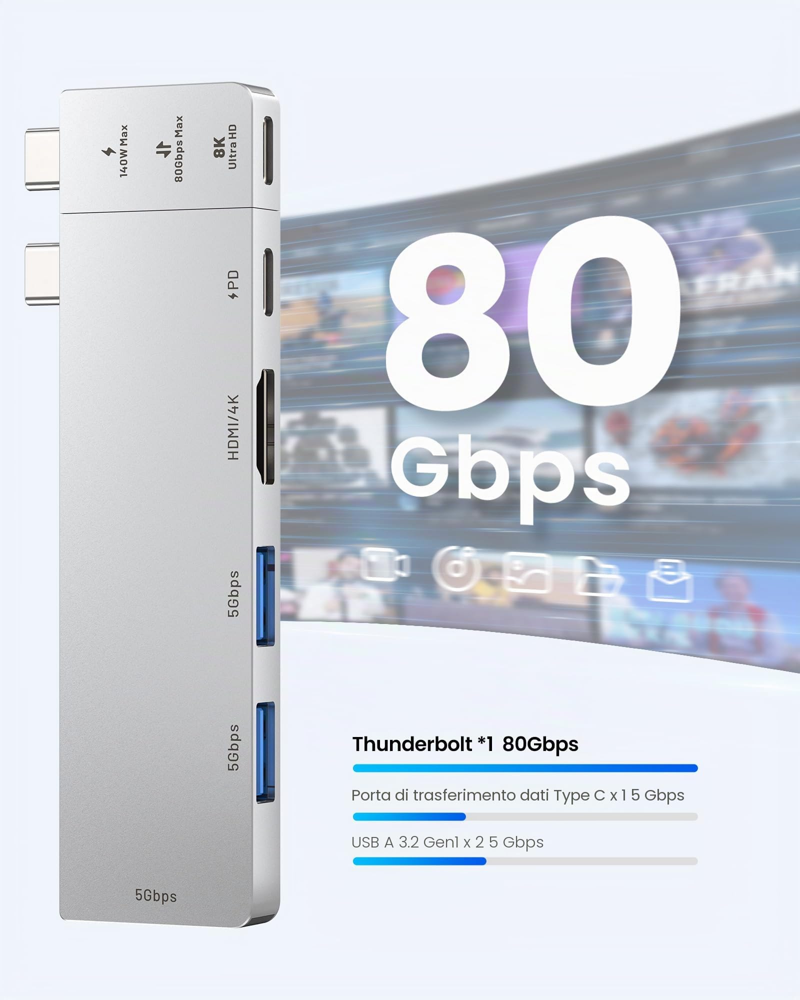 VENTION MacBook USB Adapter, 6-in-2 Mac Hub with Dual USB C, Removable Magnetic USB-C Connector, PD 140W / 8K @ 240Hz / 80Gbps Max, Compatible with All Laptops/iPads, Silver
