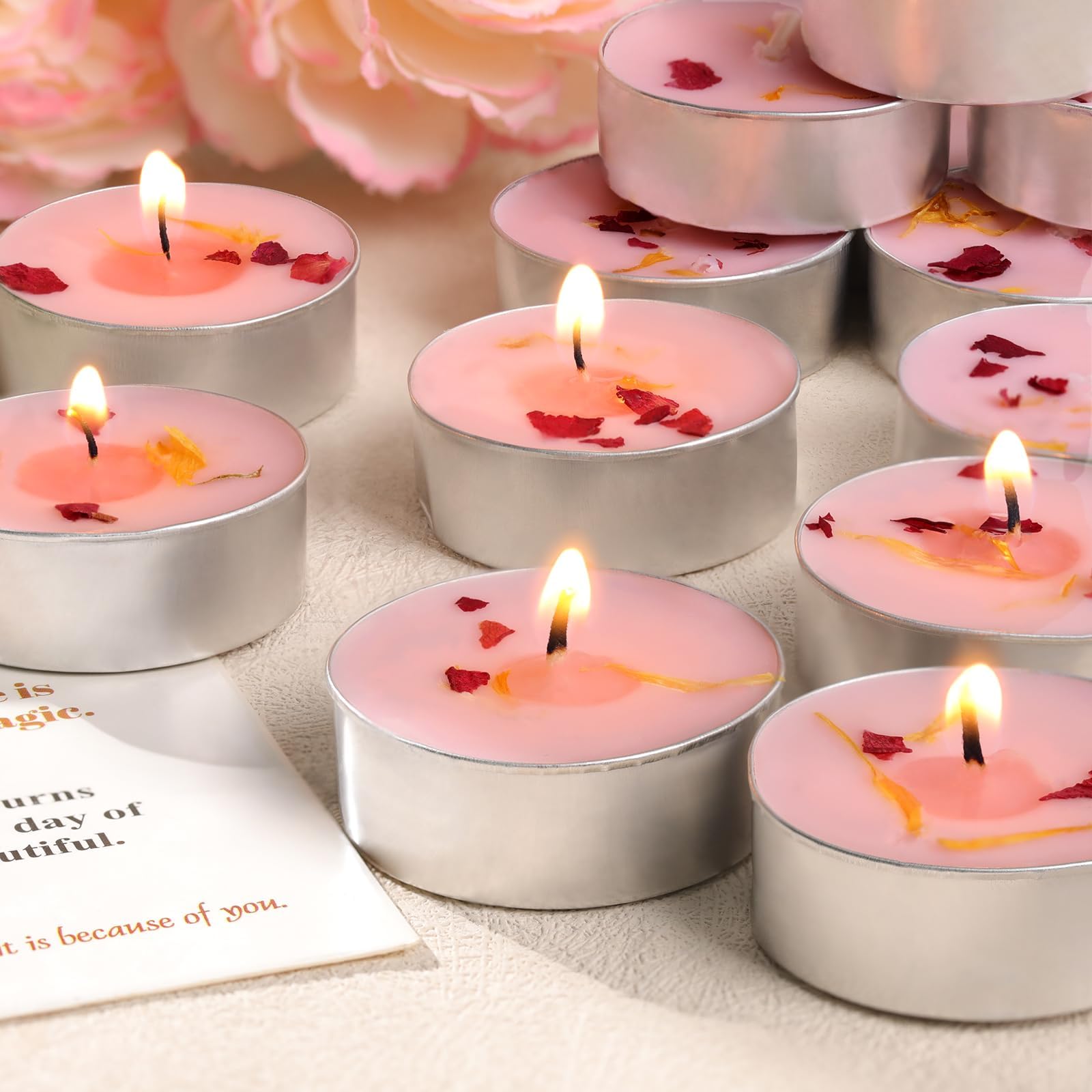 Świece tealight o zapachu róży, świece herbaciane z suszonymi kwiatami, 4H bezdymny wosk palmowy, różowa świeca do herbaty, na wesela, Boże Narodzenie, do spa, kąpieli, 15 szt